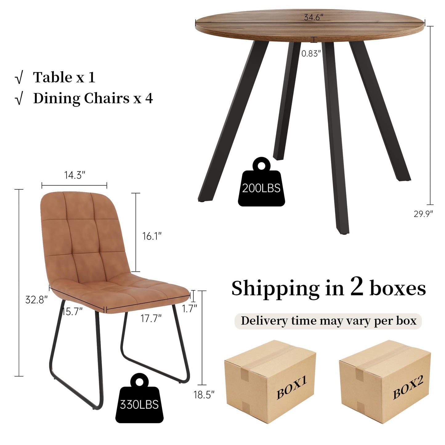 Zerifevni 34.6'' Round Dining Table and Chairs for 4 Space Saving for Apartment Kitchen Dining Room (Walnut Table+4 U-Shaped Brown Chairs)