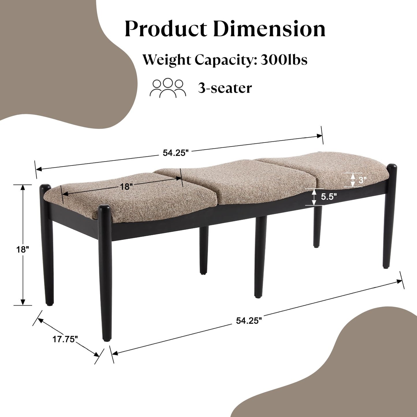 Ya-Home Modern Entryway Bench, Linen Upholstered Bedroom Bench End of Bed Bench, Window Bench with Padded Seat Black Wood Legs for Living Room/Dining Room, 54 Inches Long, Khaki