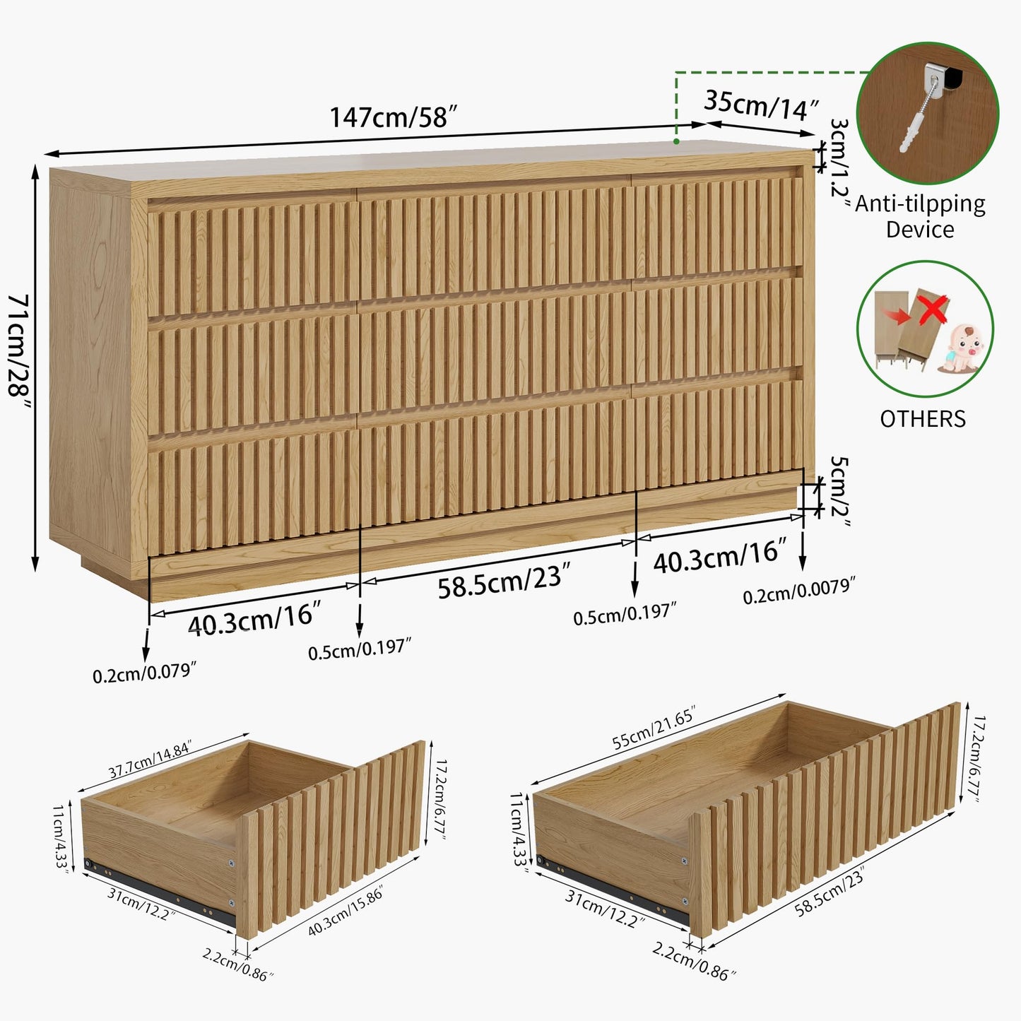 Jluomei Long Dresser for Bedroom with 9 Drawers, 58" Wide Modern Chest of Drawers, Large Wood Dresser TV Stand, Boho Fluted Closet Clothes Storage Organizer for Living Room, Natural Oak