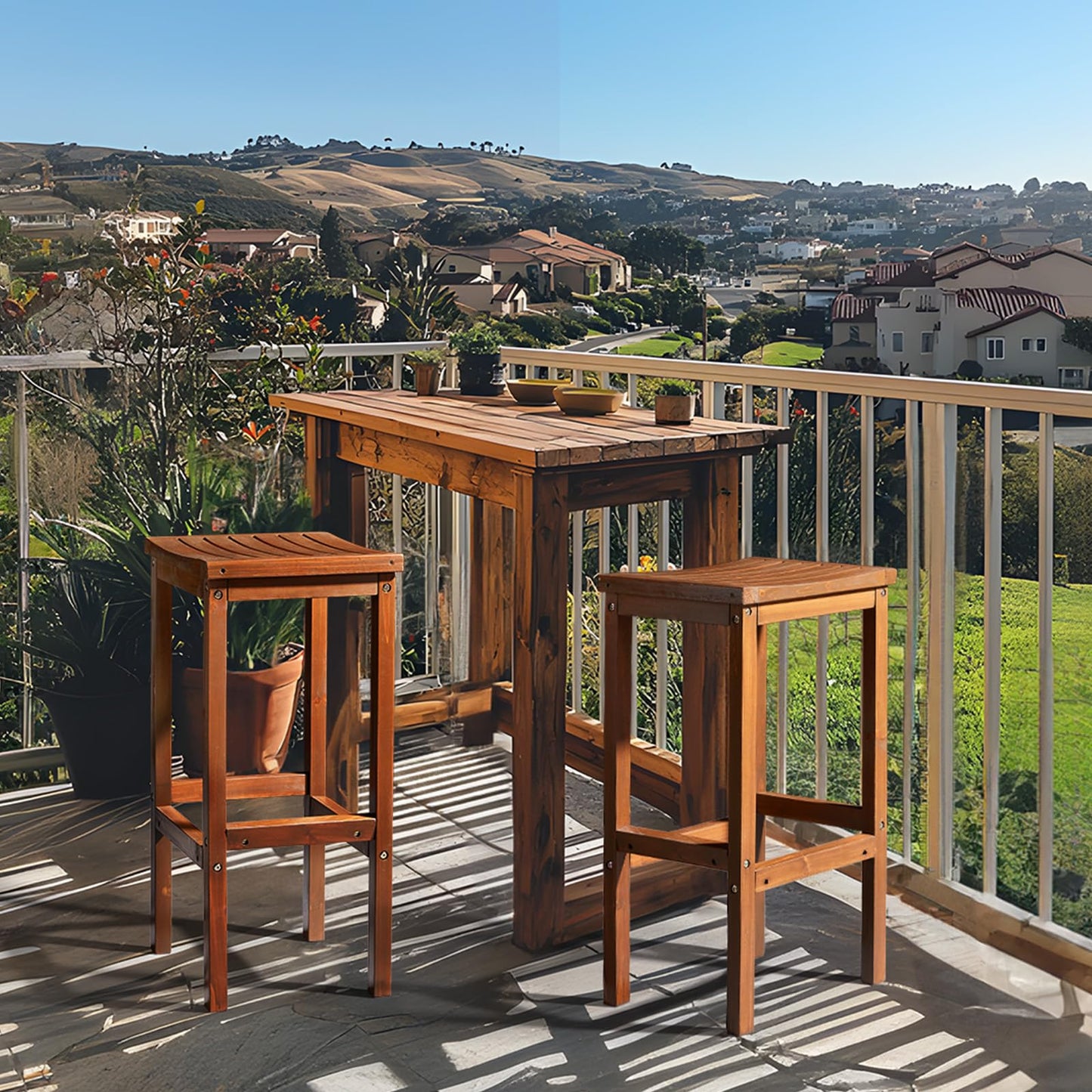 VINGLI Outdoor Bar Stools Set of 2, Solid Wood Bar Height Chairs Waterproof Patio Stools for Garden, Balcony, Kitchen, Backyard (Brown)