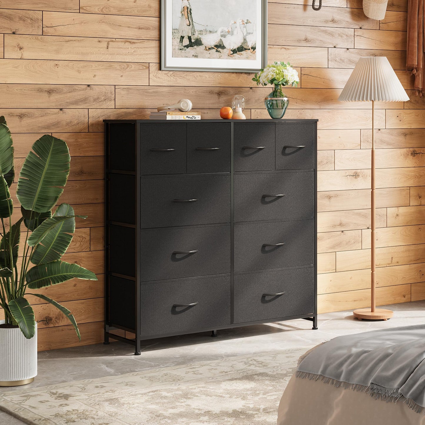 WLIVE Dresser for Bedroom with 10 Fabric Drawers, Tall Chest Organizer Units for Clothing, Closet, Storage Tower with Cabinet, Metal Frame, Wooden Top, Black Dresser for Living Room