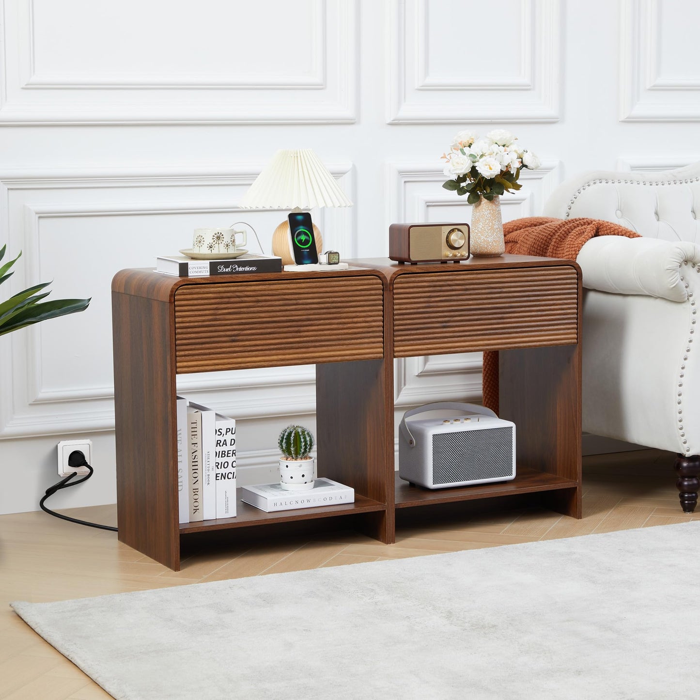 XUZENEST Fluted Nightstand Set of 2 with Charging Station, Modern Bed Side Table End Table with Drawer Storage, Large Wooden Night Stands Bedside for Bedroom Living Room Sofa Office, Walnut 2 Sets
