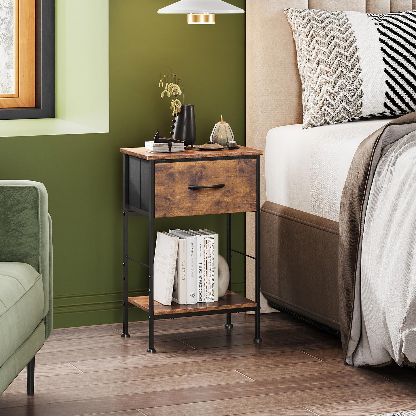 WLIVE Nightstand Set of 2, End Table with Fabric Storage Drawer and Open Wood Shelf, Bedside Furniture with Steel Frame, Side Table for Bedroom, Dorm, Rustic Brown Wood Grain Print, 25.03" Height