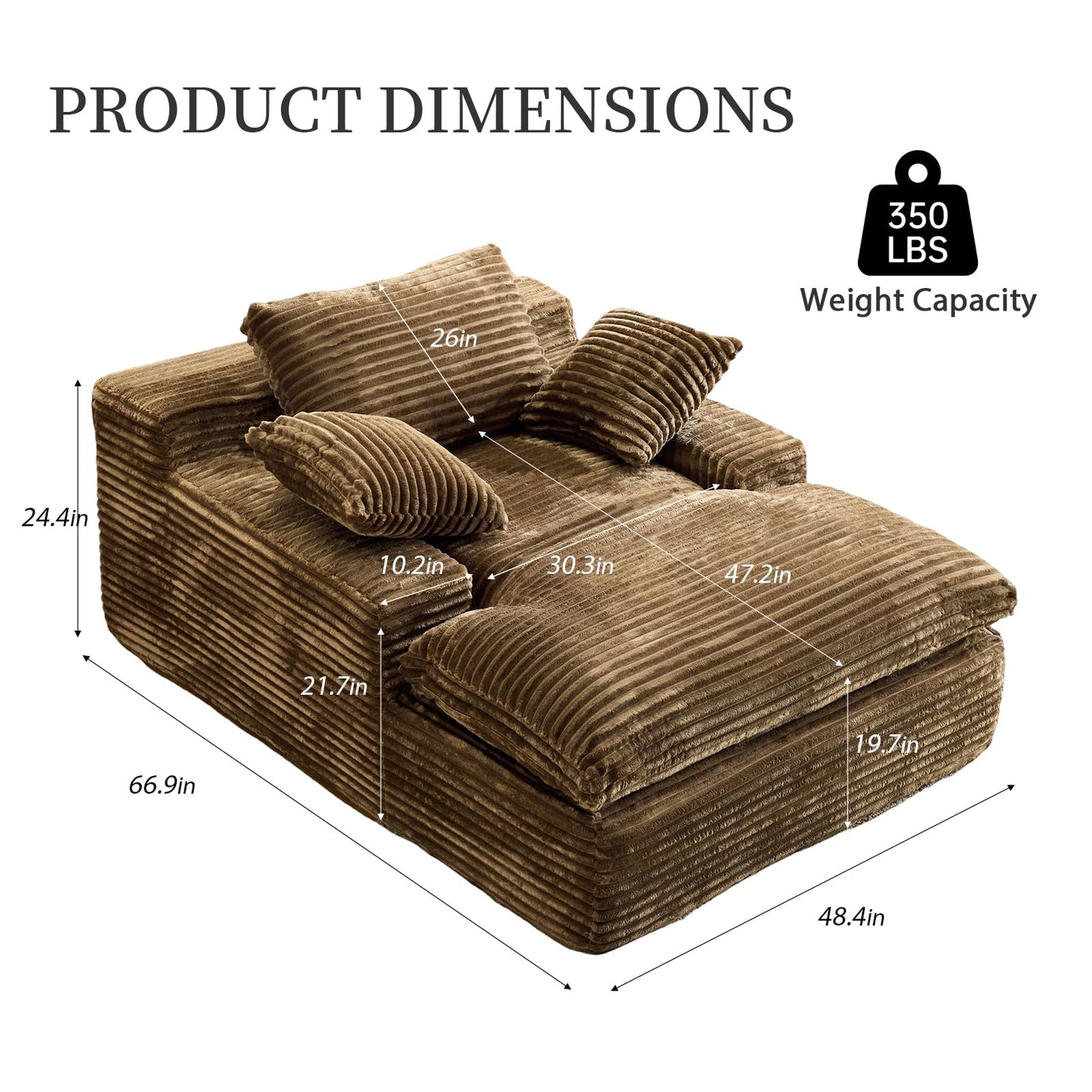 67" Boneless Chaise Lounge Chair Indoor, Oversized Corduroy Upholstered Sofa Bed, Deep Seat Sleeper Couch Reading Chairs Cloud Sofas Couches for Living Room Bedroom, No Assembly Required, Brown