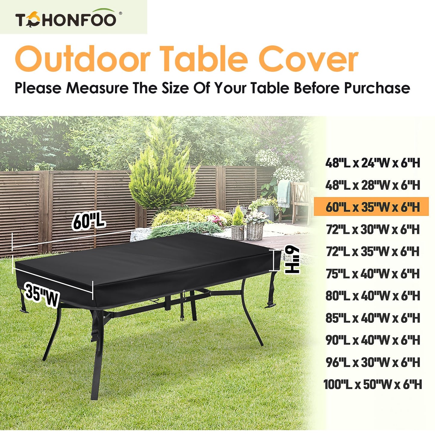 TOHONFOO Outdoor Dining Table Cover - Waterproof Anti-UV Patio Table Cover - Outdoor Table Cover 60" L x 35" W x 6" H