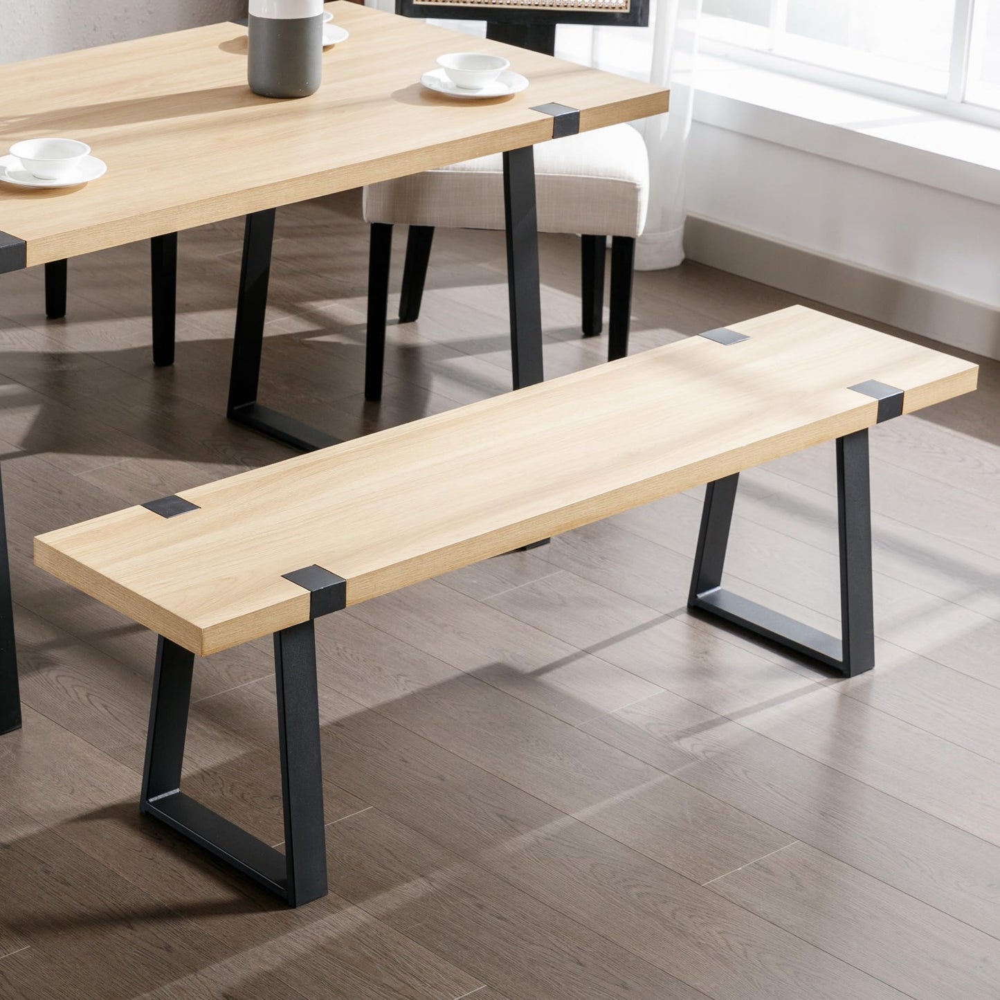 Wooden Dining Bench 60” Industrial Table Benches, Seating Chair Rustic Indoor Benches, Mid Century Kitchen Bench with Metal Legs, Light Oak