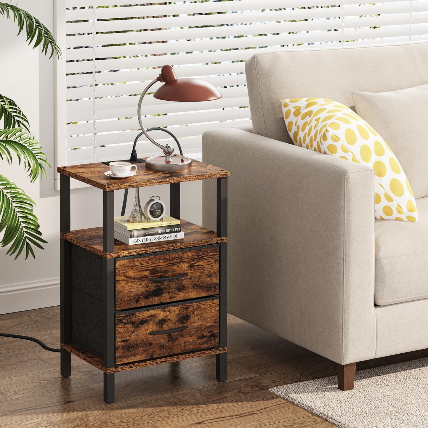 TUTOTAK End Table with Charging Station, Side Table with 2 USB Ports and Outlets, Nightstand with Cloth Drawer, Set of 2, Couch Table, Brown TB01BB067