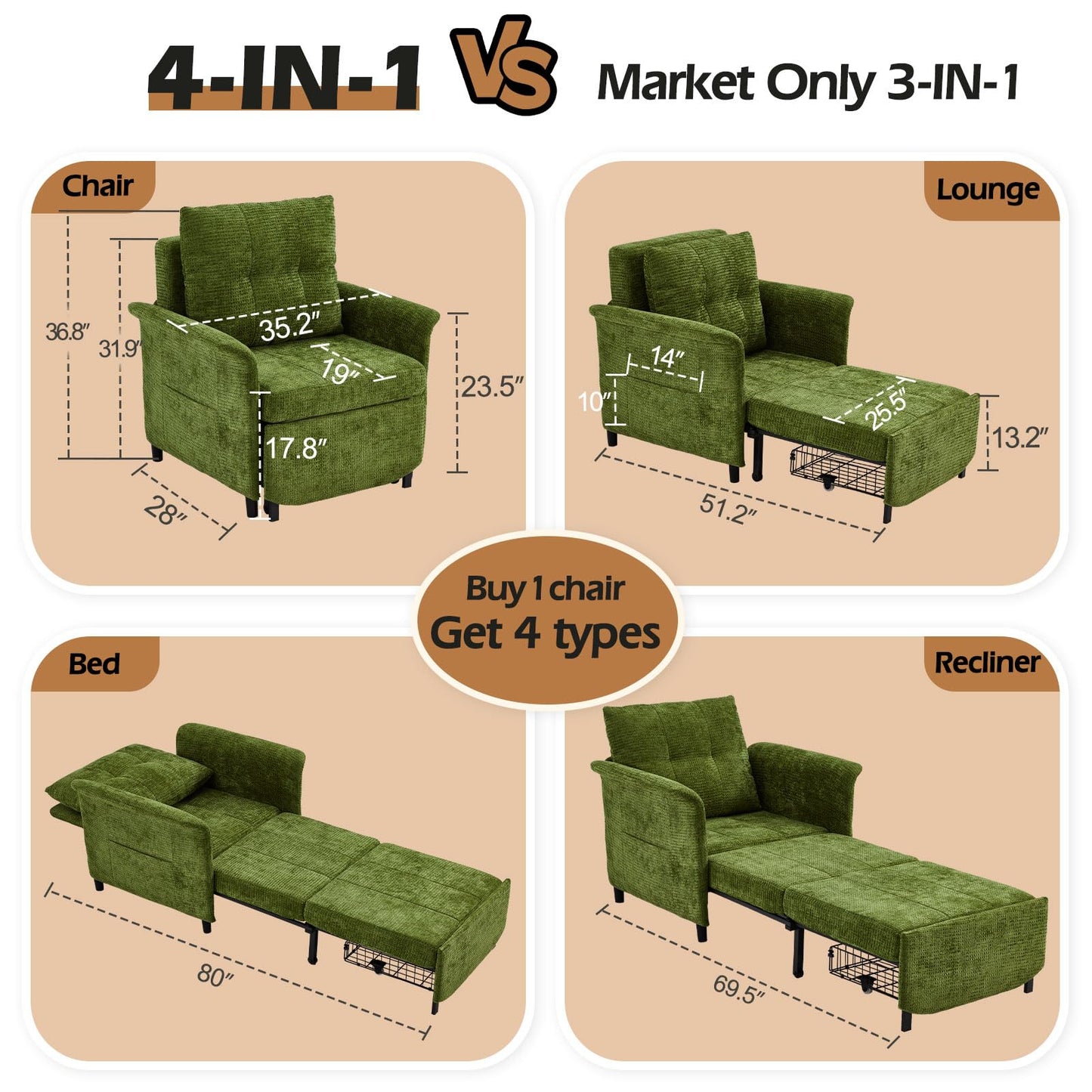 ZZWHOM Convertible Sleeper Chair 79" Long Chair Bed w/Adjustable Backrest 4-in-1 Pull Out Lounge Chair 500 LBS Load Bearing Single Sofa Bed with Pillow for Living Room & Small Space