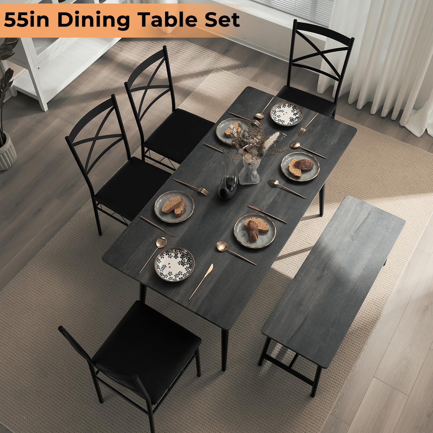 VINGLI Dining Table Set for 6,Farmhouse Rectangular Kitchen Dining Table,4 Chairs & Bench,Wooden Dinner Table Set with Upholstered Chairs for Kitchen, Dining Room, Apartment,Dark Grey,55in