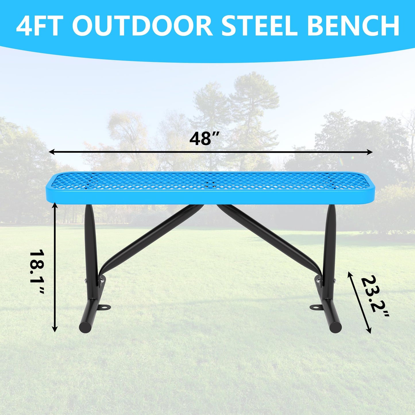 4FT/6 FT Park Benches-Outdoor Steel Flat Bench,Metal Backless Benches for Outside, School Benches Commercial Heavy Duty Rectangular Black Park Bench Patio Bench for Garden, Porch,Park (Blue, 4FT)