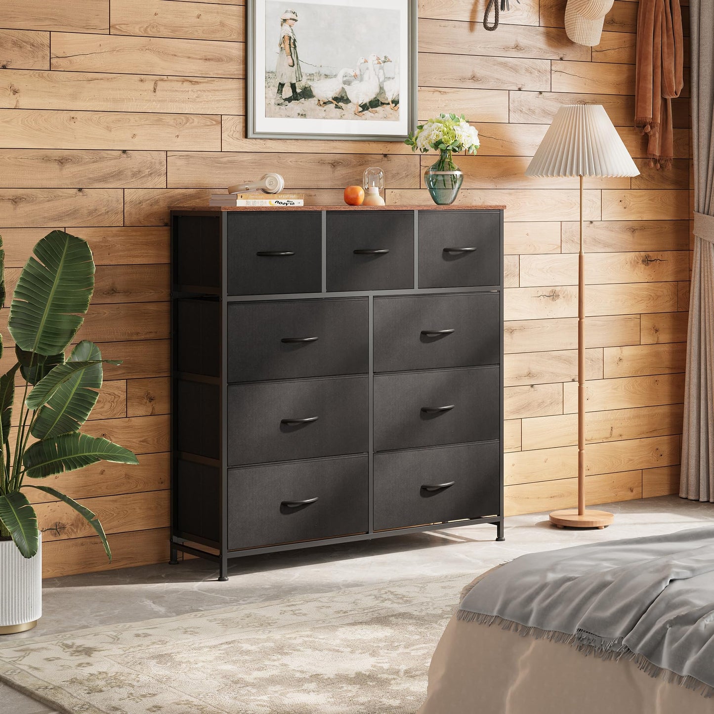 WLIVE 9 Drawer Dresser, Fabric Storage Tower for Bedroom, Hallway, Closet, Tall Chest Organizer Unit for Bedroom with Fabric Bins, Steel Frame, Wood Top, Easy Pull Handle, Black and Rustic Brown