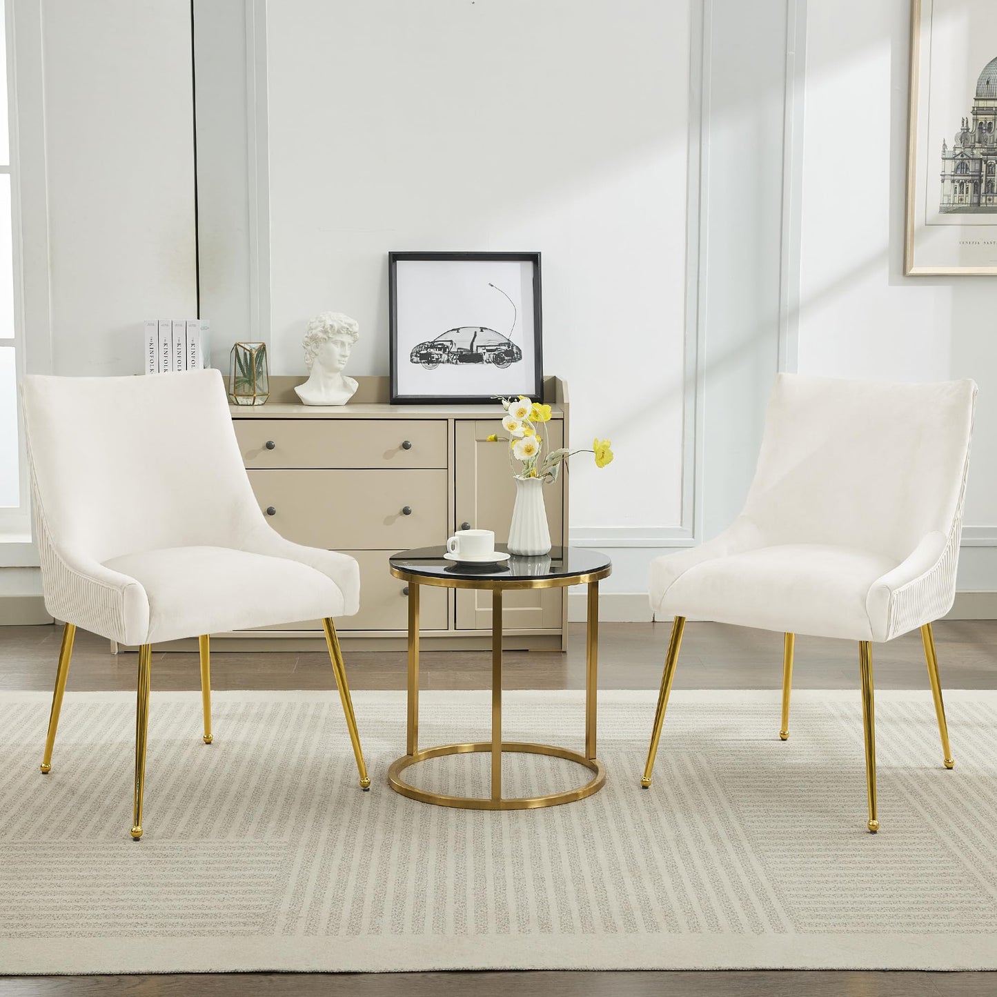 WUTUTUEE Velvet Dining Chairs Set of 2 Gold Legs,Upholstered Velvet Accent Chairs, Pleated Back Design & Gold Pull Handle, Mid Century Modern Chairs for Dining/Kitchen/Living Room,Beige