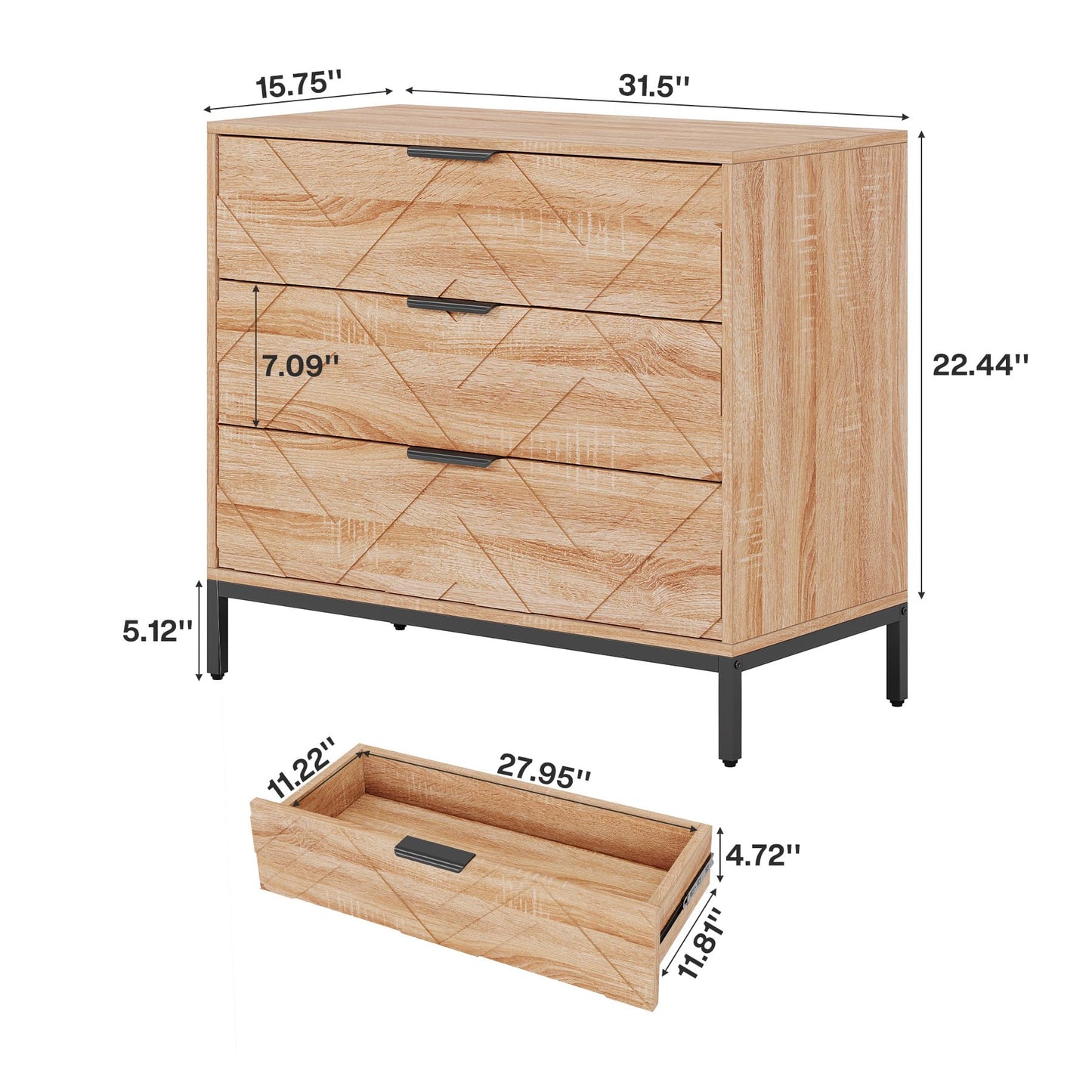 Tribesigns Wooden Nightstand with 3 Drawers, 31" Wide Night Stand with Metal Legs, Modern Large Bedside End Table for Bedroom, Living Room (1)