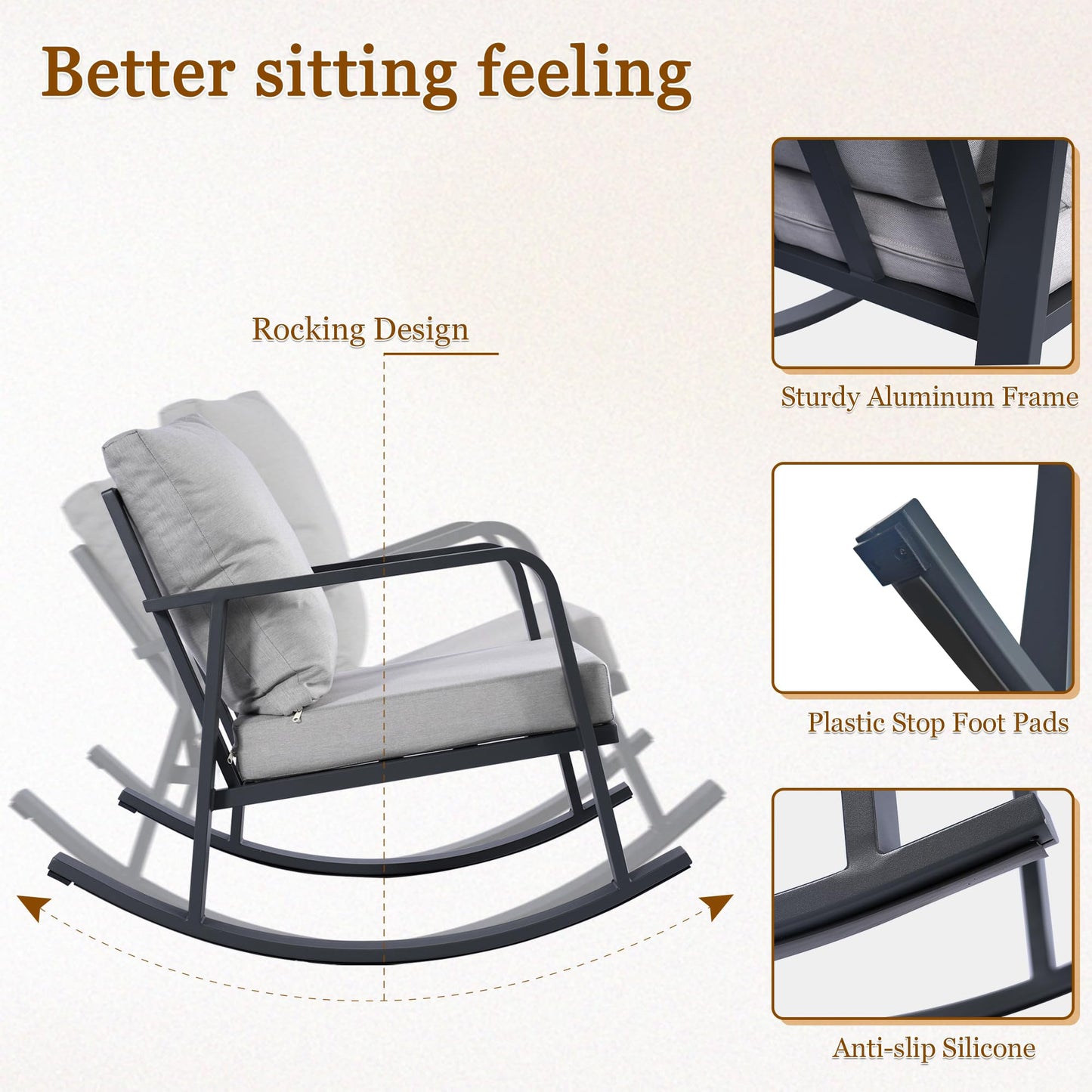 Trenlogne 3 Piece Outdoor Rocking Chairs, Patio Bistro Set with 2 Rockers and 1 Metal Coffee Table, Oversize Aluminum Conversation Set for Garden, Balcony, Backyard