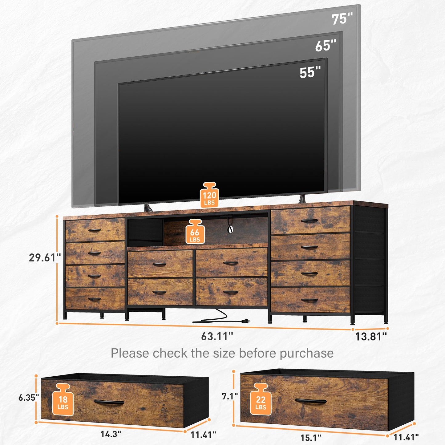 12 Drawer Dresser TV Stand for 65 70 75 Inch TV 63" W Extra Long Dresser for Bedroom with LED Lights & Power Outlets Entertainment Center with Fabric Drawers for Closet, Rustic Brown