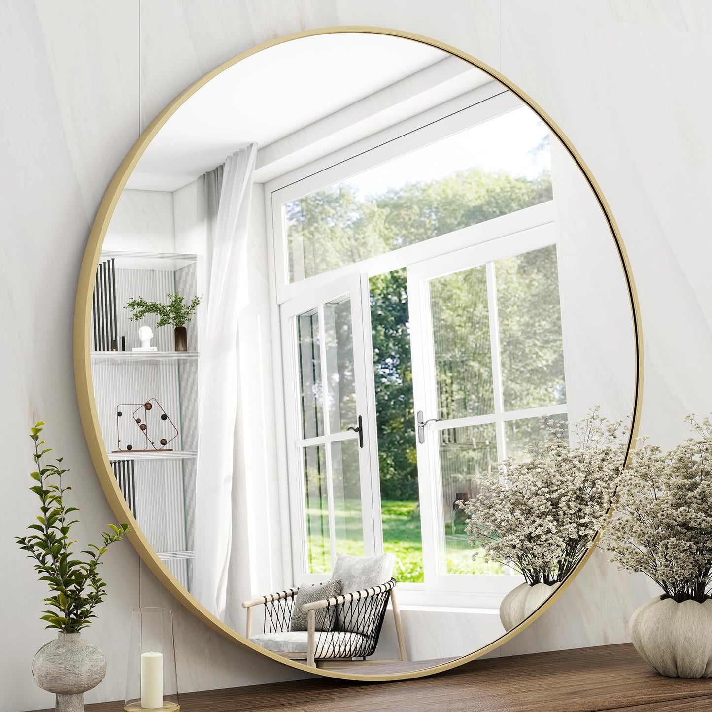 36 Inch Round Bathroom Mirror - Black Wall Mounted Circle Mirror with Metal Frame, Modern Round Hanging Mirror Suitable for Bathroom, Vanity, Entryway, Living Room