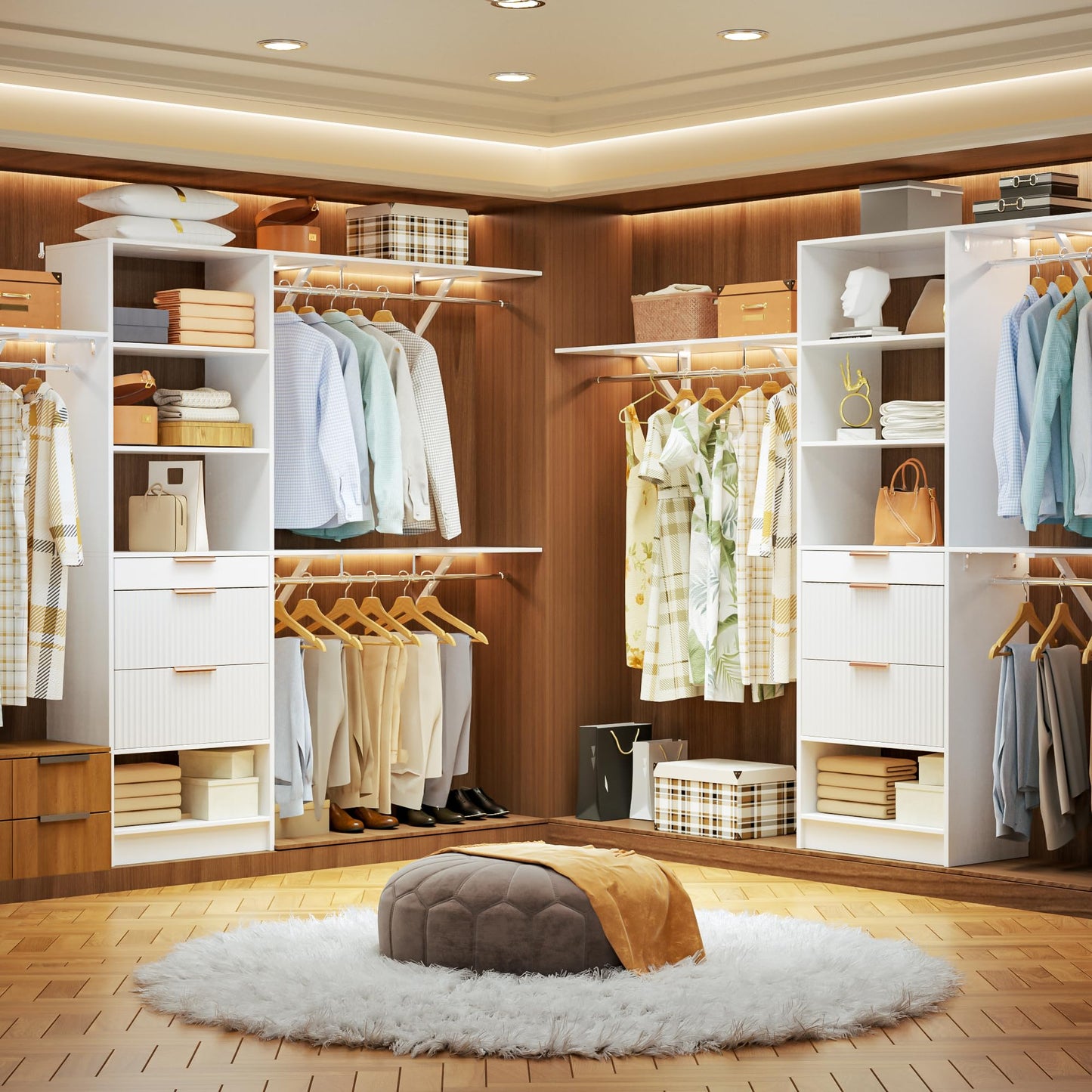 Closet System, 8FT Closet Organizer with 3 Wooden Drawers, Walk-in Closet Wardrobe Clothes Rack with 3 Expandable Hanging Rods, Garment Rack, White