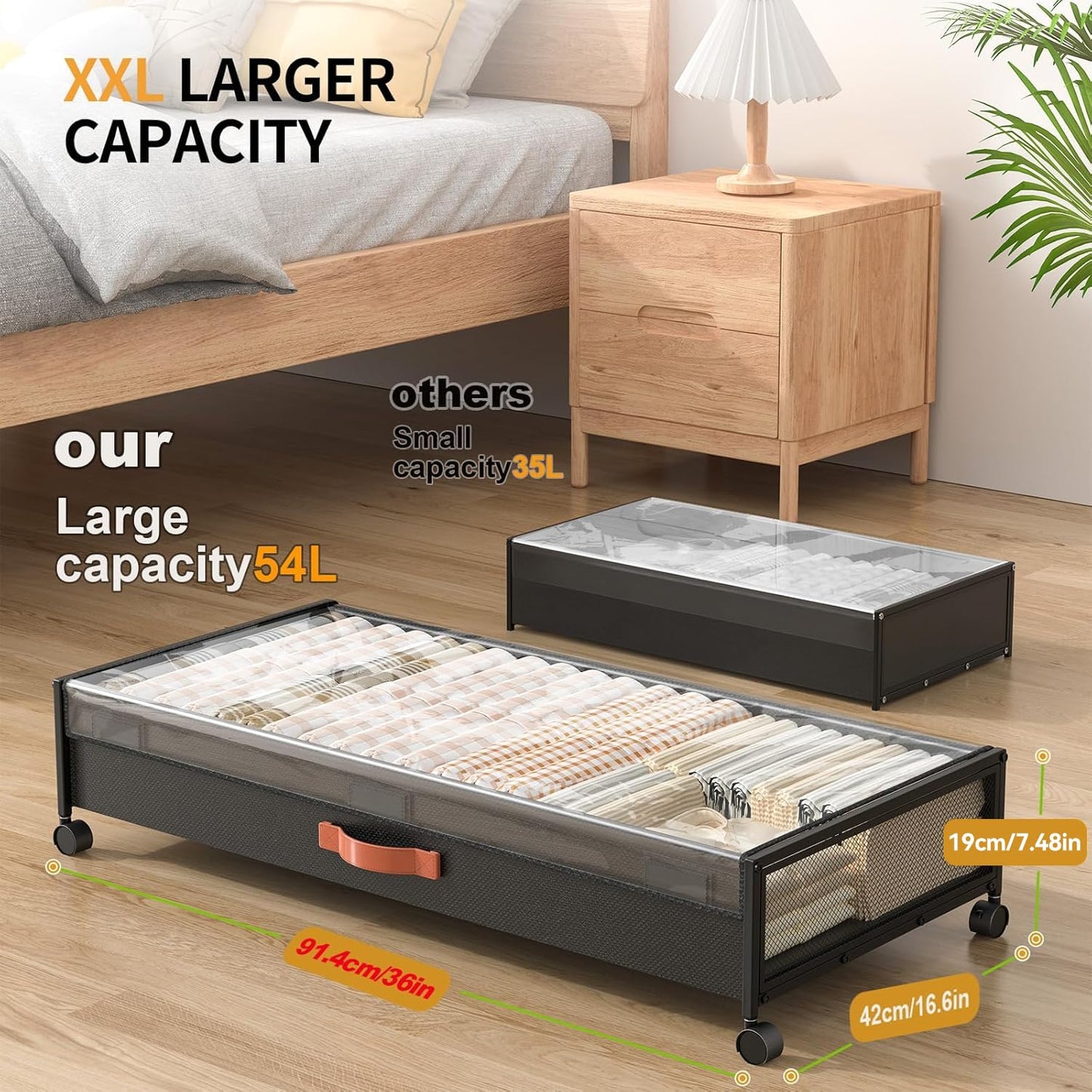 Under Bed Storage with Wheels, XXXL Larger Under Bed Storage Containers with Clear Lids, 36'' Lengthen Under Bed Shoe Organizer, Rolling for Shoes Clothes(Black 2 Pack, XXXL(36"x16.6"x7.48"))