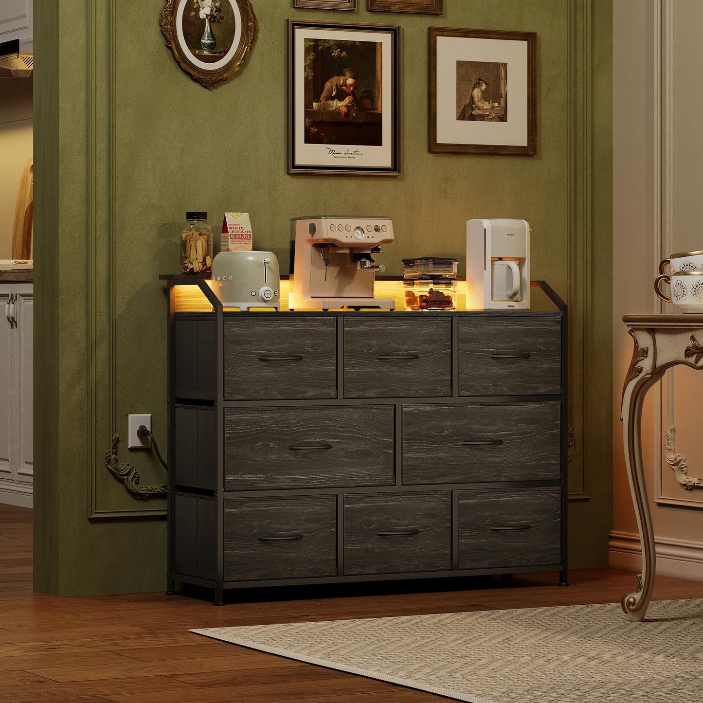 WLIVE Led Dresser for Bedroom, TV Stand for Bedroom with LED Lights and Power Outlet, Wide Chest of Drawers for Hallway, 8 Fabric Drawers for Living Room and Entryway, Charcoal Black Wood Grain Print