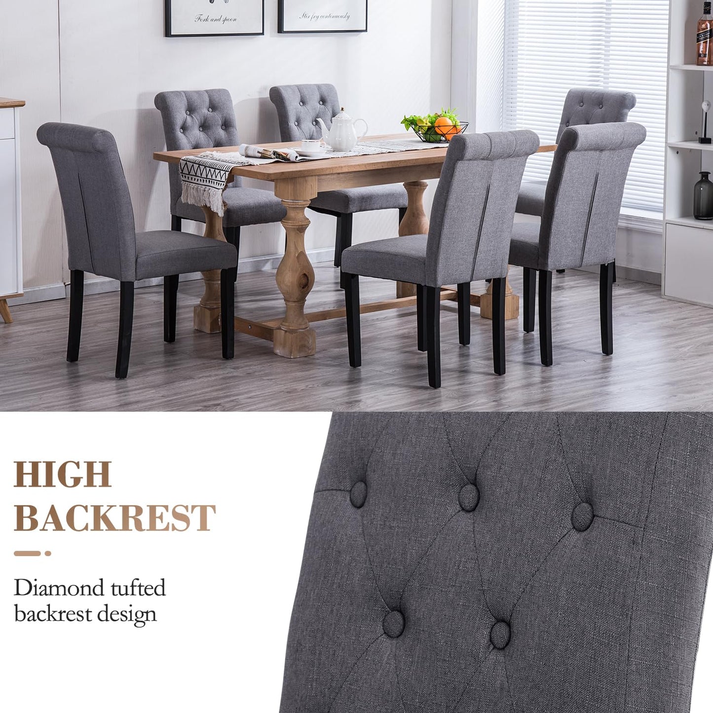 YEEFY Dining Chairs Set of 6 Upholstered Dining Room Chairs Fabric Tufted Kitchen Chairs with Wood Legs High Back Dining Chair Mid Century Modern Chair for Dining Room,Kitchen,Living Room (Gray)