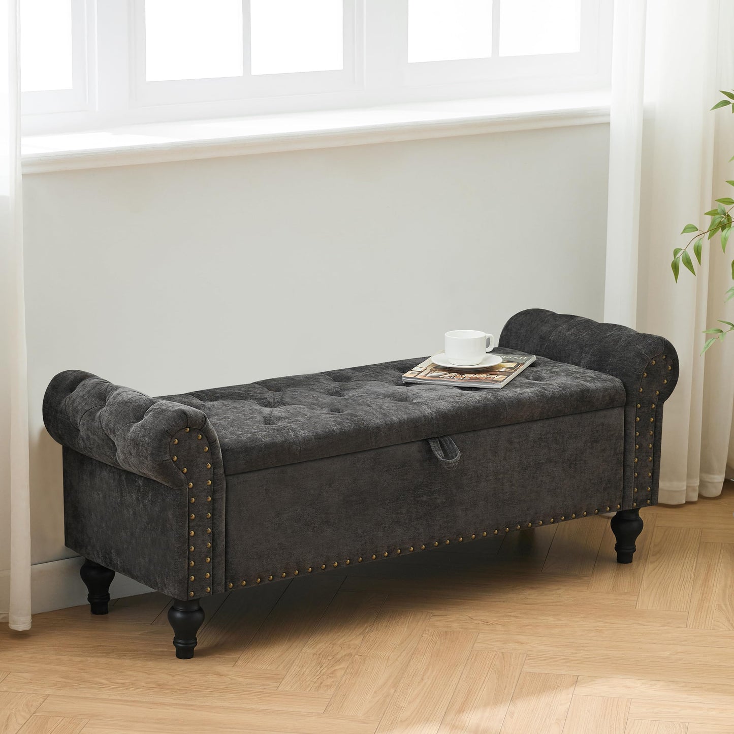 51" Bedroom Storage Bench, End of Bed Bench with Storage, Chenille Upholstered Benches, Ottoman with storage, Window Benches with Rolled Arm and Nailhead Trim for Living Room, Entryway, Dark Gray