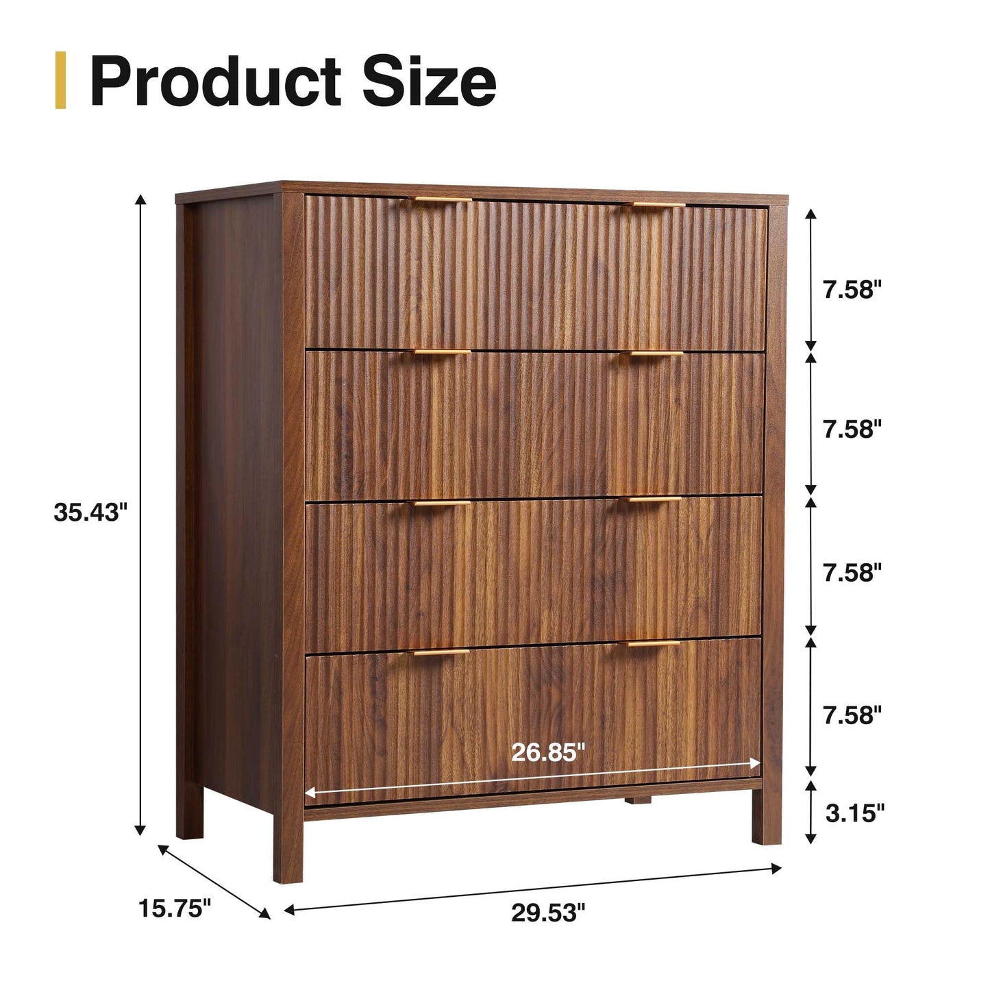 XUZENEST 4 Drawer Dressers for Bedroom, Modern Closet Chest of Drawers with Waveform Fluted Panel, Large Wood Storage Dresser Organizer for Nursery Bedroom Living Room Hallway Closet, Walnut