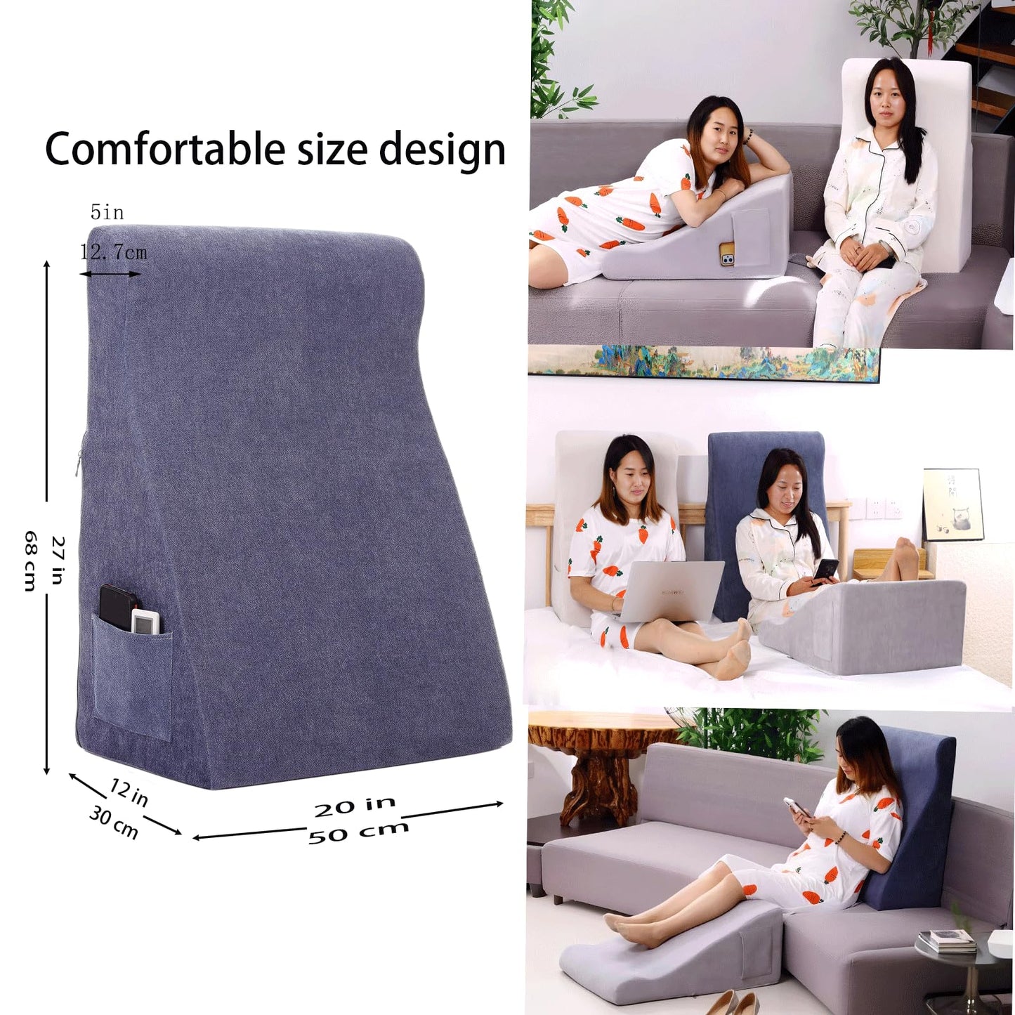 wuFQecht Bed Reading Pillow - Sofa Bed Wedge Pillow - Post-Op Recovery Backrest Pillow - Working Lumbar Support Reading Pillow with Removable Pillowcase Dark Blue 27x20x12in