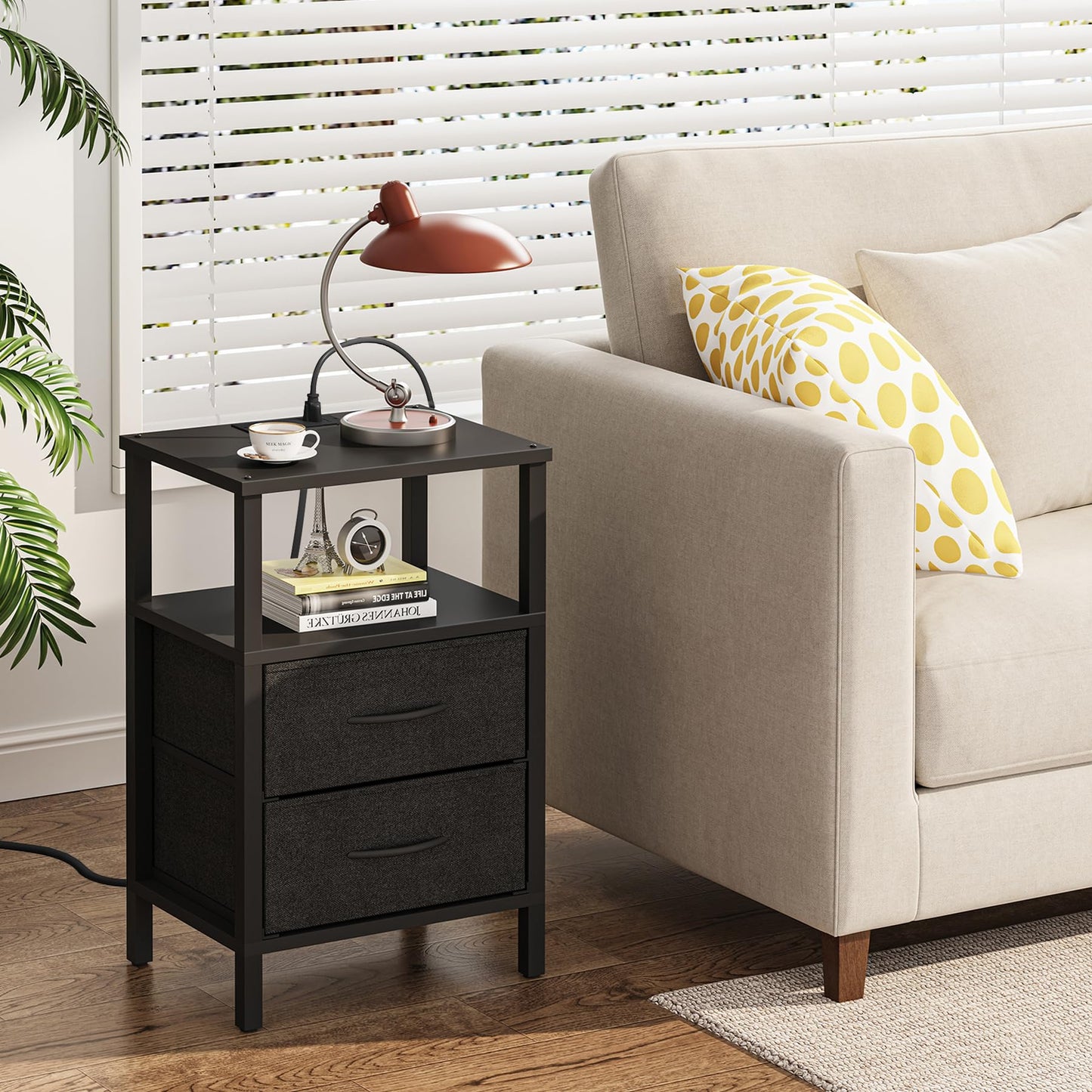 TUTOTAK End Table with Charging Station, Side Table with 2 USB Ports and Outlets, Nightstand with Cloth Drawer, Set of 2, Couch Table, Black TB01BK067