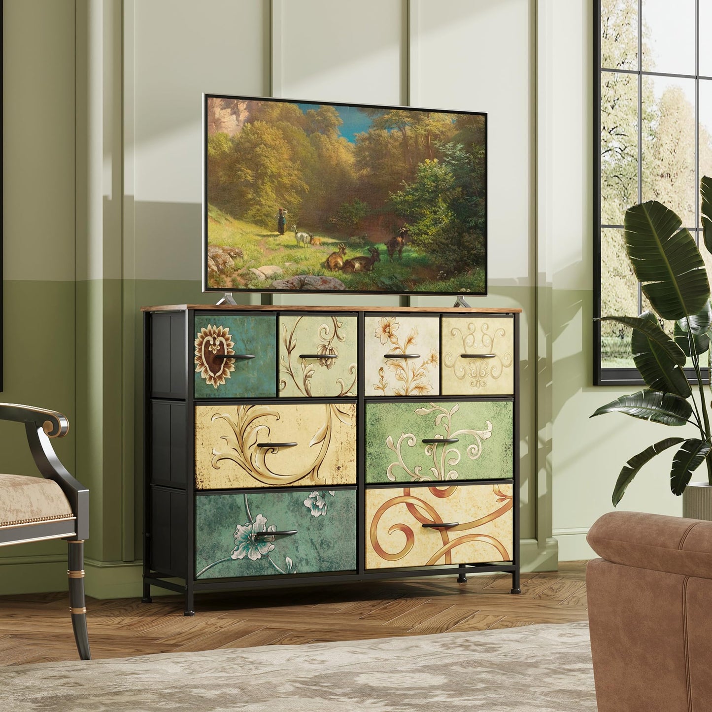 WLIVE 8 Drawer Dresser for Bedroom, Wide Fabric Dresser Storage Organizer, Chest of Drawers with Wood Top, Sturdy Steel Frame, Dressers for Living Room, Closet, Hallway, Floral Painted