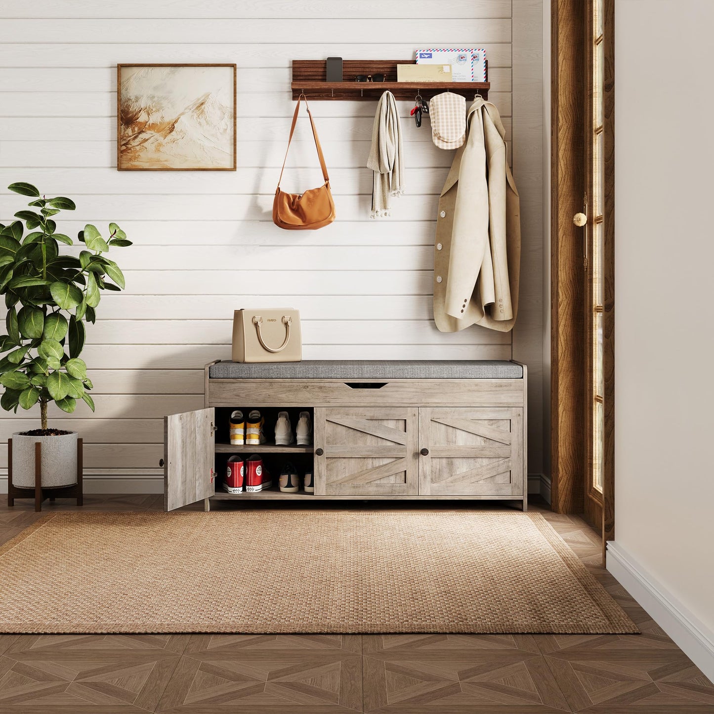 Xdwwhome Shoes Bench with Cushion, Storage Bench, Entryway Bench with Lift Top Storage, 43.3" Wooden End of Bed Bench, Shoe Bench Cabinet for Living Room Bedroom Hallway Garden, 330 lbs, Light Grey