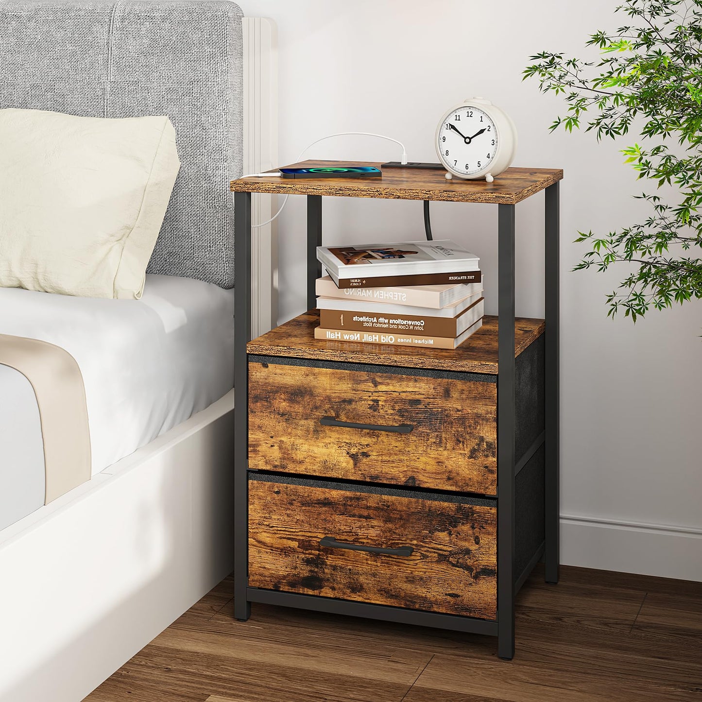 TUTOTAK End Table with Charging Station, Side Table with 2 USB Ports and Outlets, Nightstand with Cloth Drawer, Set of 2, Couch Table, Brown TB01BB052