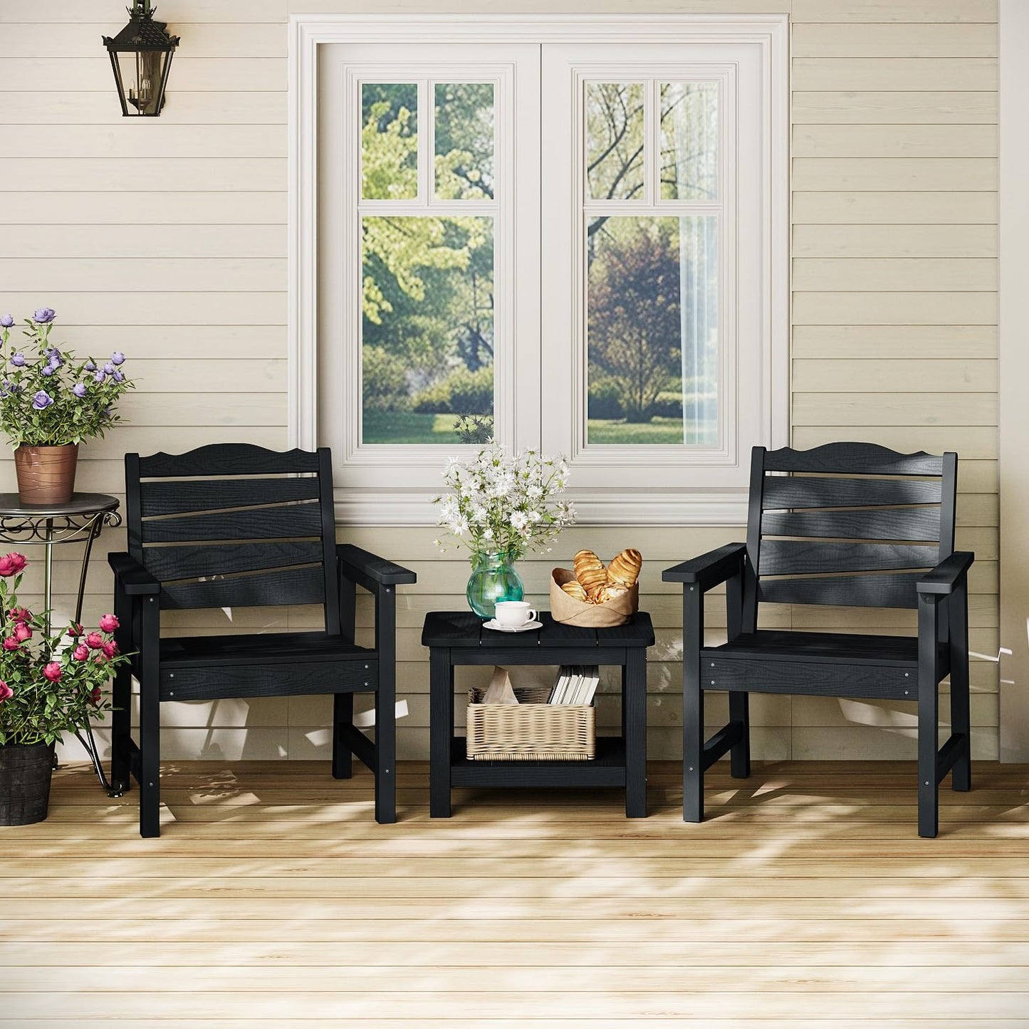 Weatherproof Patio Chair, Poly Lumber Outdoor Patio Chairs with Ergonomic Curved Seat, 400lbs Capacity Outdoor Dining Chairs for Garden, Porch, Lawn & Backyard, Black