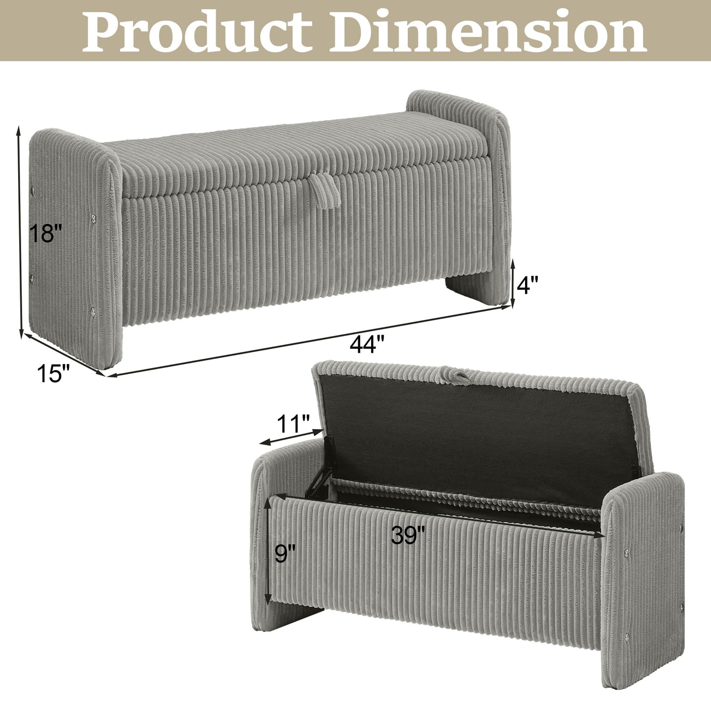 WUTUTUEE 44'' Corduroy Storage Ottoman Bench, Upholstered End of Bed Storage Bench with Safety Hinge, Linear Bed Bench for Bedroom, Living Room, Entryway, Grey
