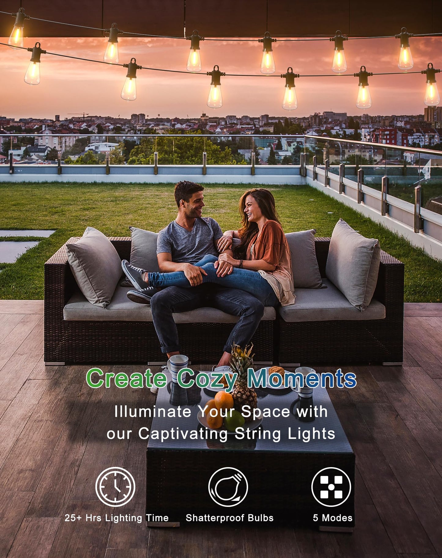 Zuske Solar String Lights Outdoor Waterproof 100FT with USB Port and 52 Shatterproof ST38 Bulbs(2 Spare), LED Solar Powered Patio Lights for Outside, Porch, Backyard, Gazebo, Garden(Warm White)