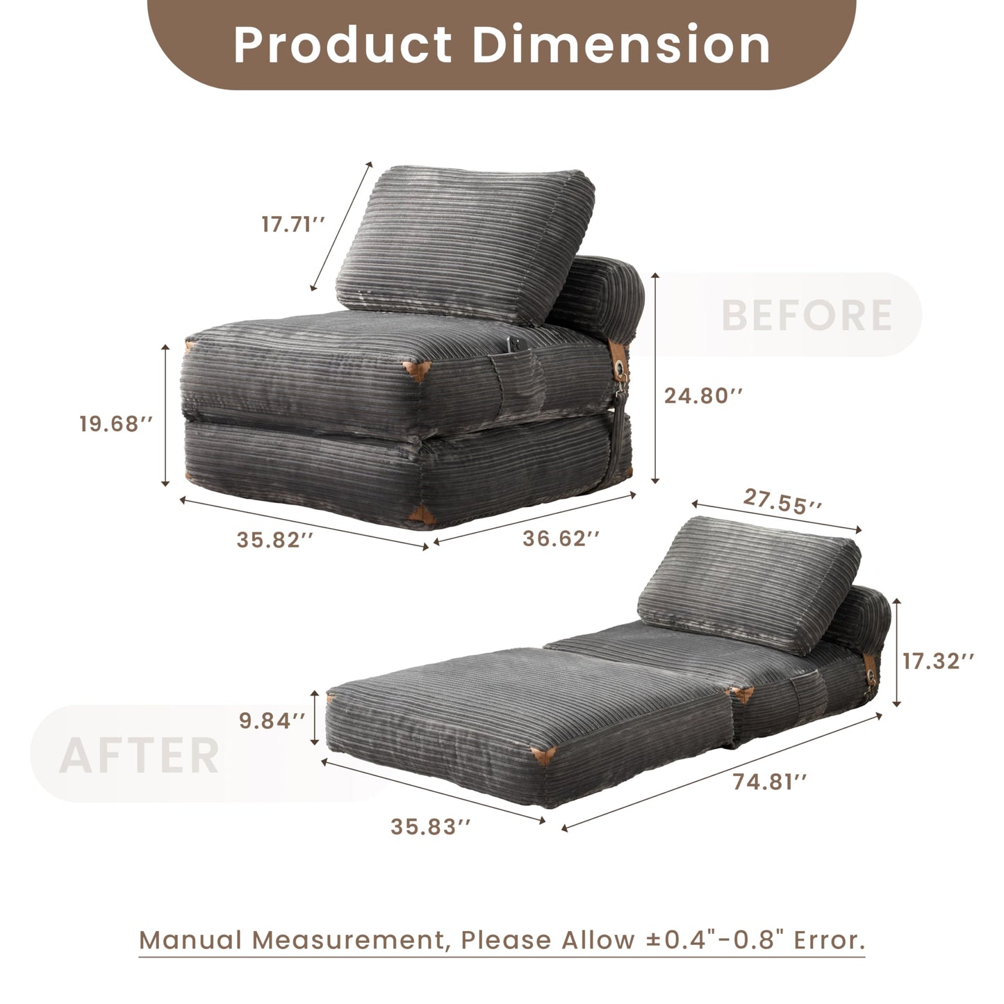 ovios Folding Sofa Bed, Convertible Sleeper Chair with Pillow Foldable Mattress with Back Support, Portable Fold Out Comfy Floor Lounge for Living Room Bedroom, Grey