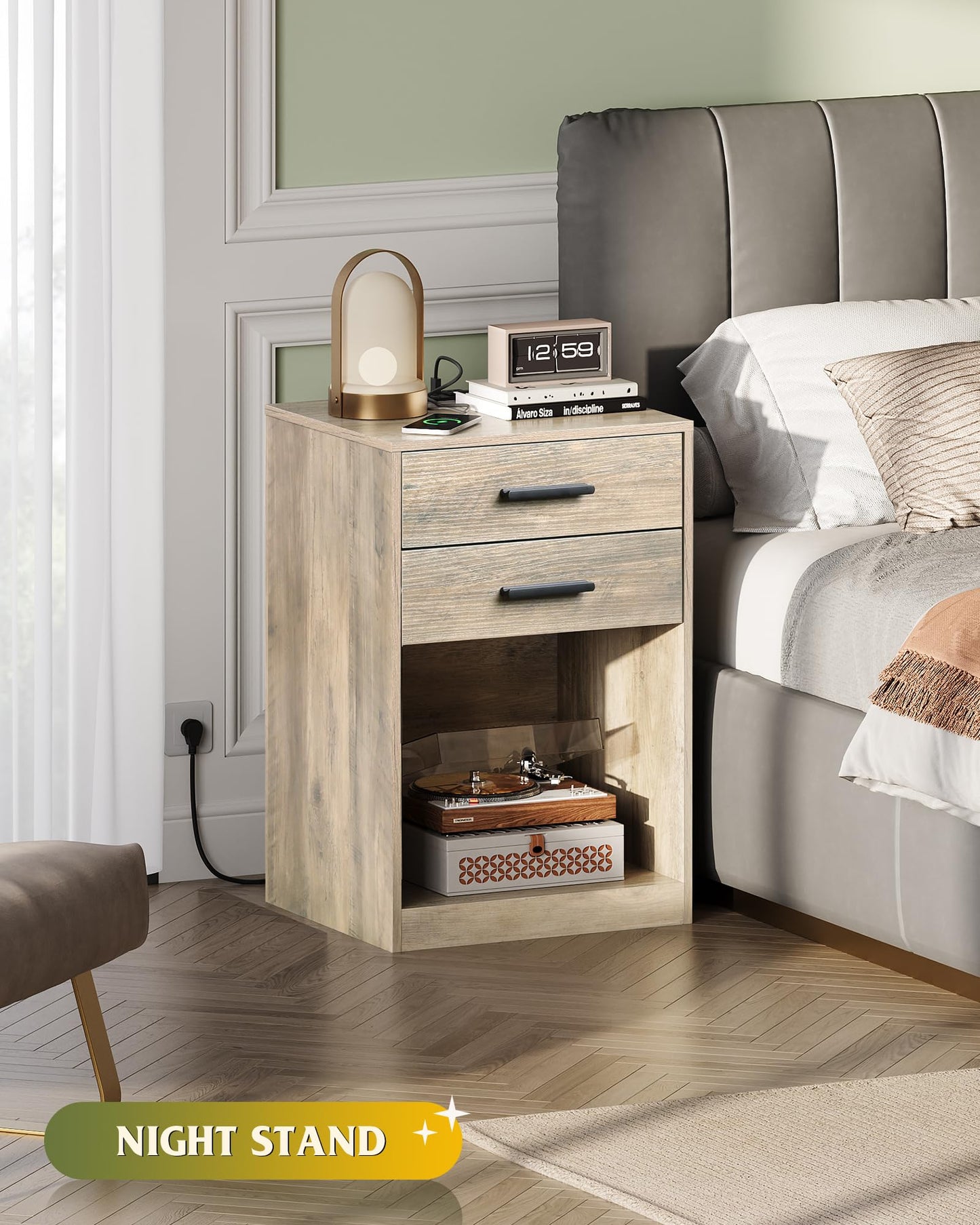 WLIVE Night Stand Set of 2 with Charging Station, Nightstands with Wood Drawers and Open Shelf, Bed Side Tables Living Room, Bedroom, Modern End Table Set 2, Greige