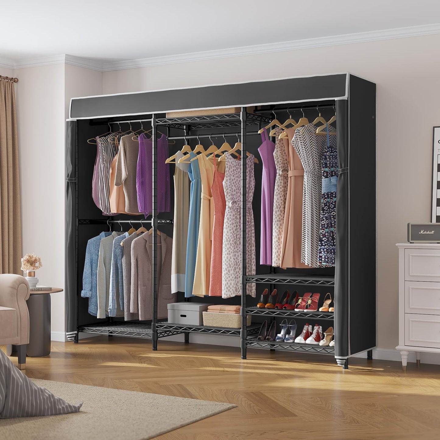 VIPEK V5C Heavy Duty Covered Clothes Rack Portable Bedroom Armoires Rack, Black Metal Clothing Rack with Black Cover, Adjustable Custom Freestanding Closet Wardrobe, Max Load 800LBS