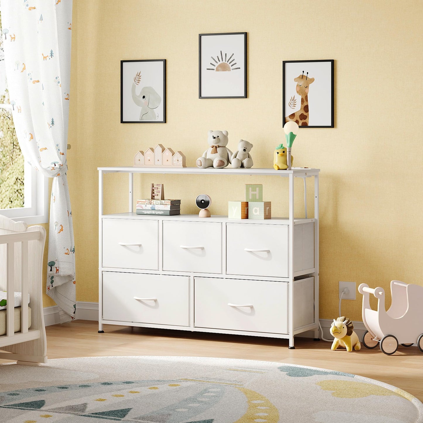 WLIVE White Dresser for Bedroom, 5 Drawer Dressers with Charging Station, Fabric Chest of Drawers with Open Shelves, Storage Dresser for Living Room, Closet, Entryway