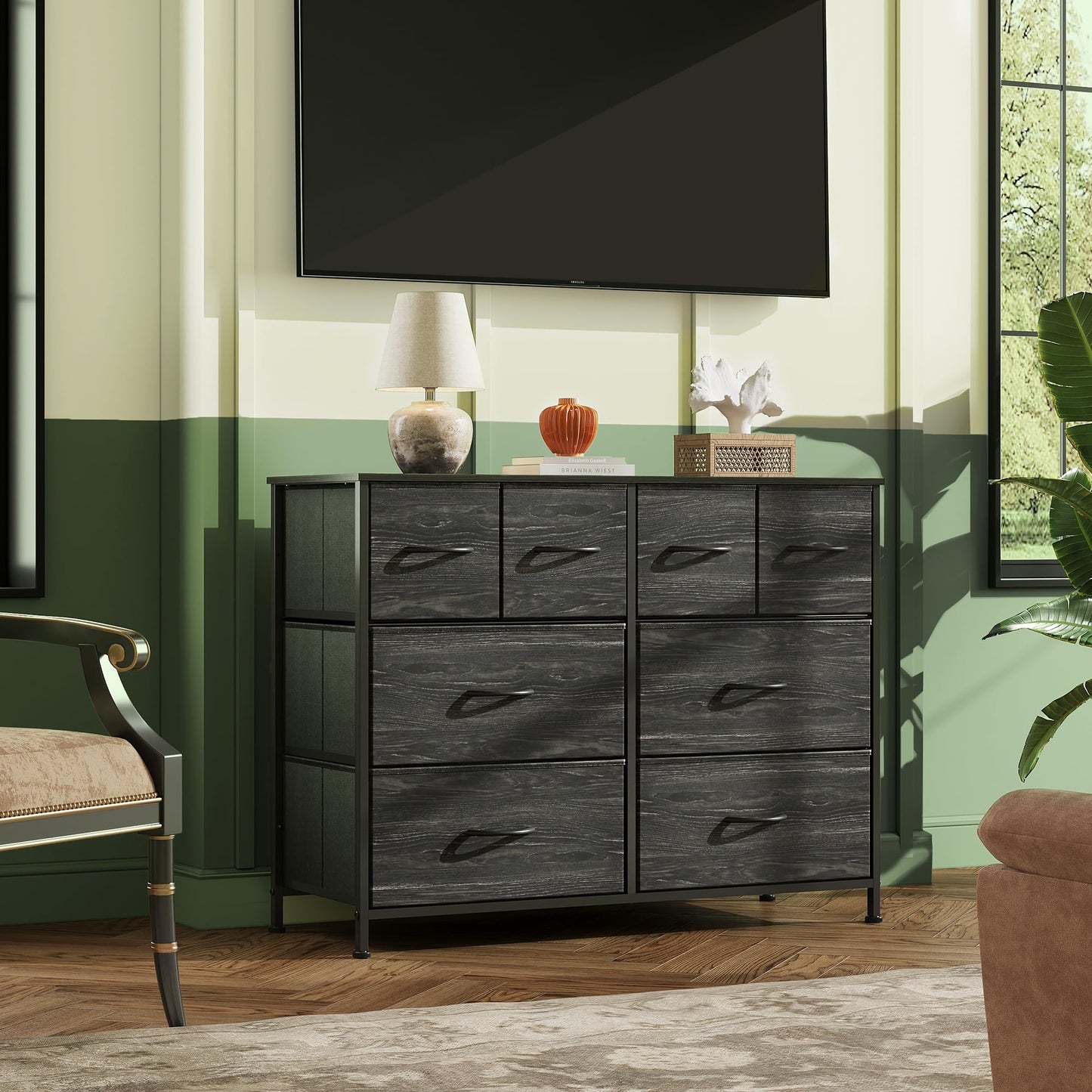 WLIVE Dresser for Bedroom with 8 Drawers, Wide Fabric Dresser for Storage and Organization, Bedroom Dressers, Chest of Drawers for Living Room, Closet, Hallway, Charcoal Black Wood Grain Print
