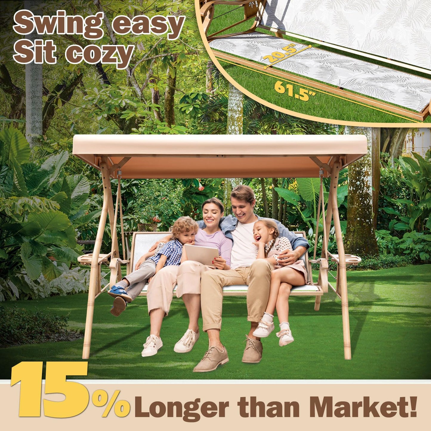 ZZW 3 Person Patio Swing Outdoor Swing for Adults with Adjustable Canopy &Upgraded Cup Holders Textilene Fabric Porch Swing Chair with Stand Heavy Duty 800 LBS