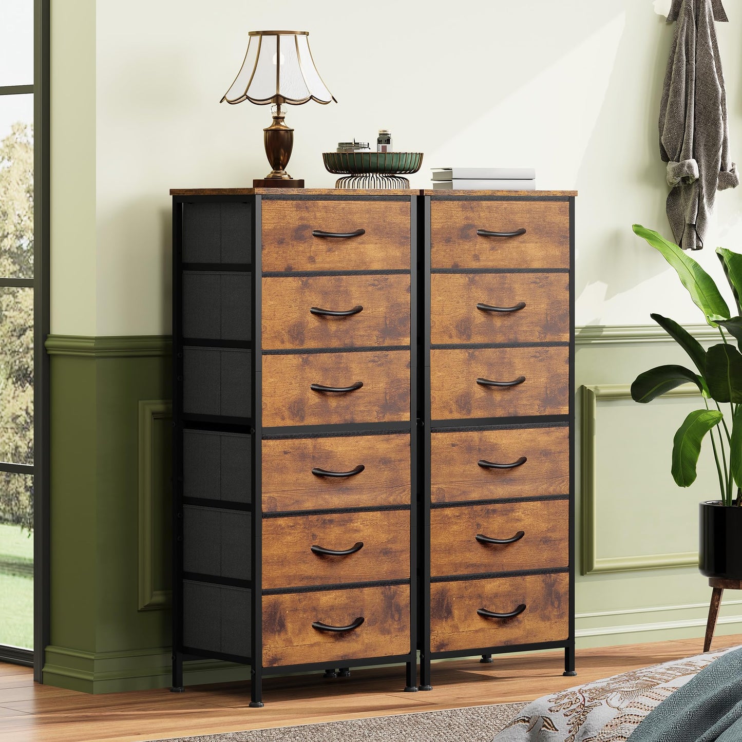 WLIVE Tall Dresser for Bedroom, 6 Drawer Dressers & Chests of Drawers, Fabric Dresser for Closet, Night Stand with Metal Frame, Storage Tower with Fabric Bins, Wood Top, Rustic Brown Wood Grain Print