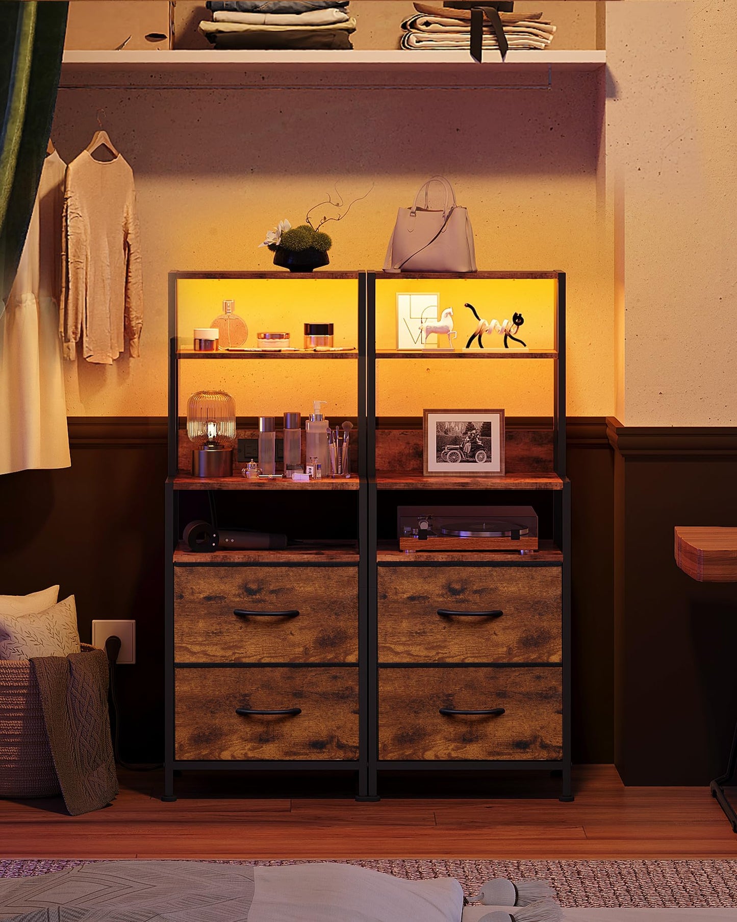 WLIVE Nightstand Set of 2 with Charging Station, LED Night Stand Sets with 2 Drawers and 4 Storage Open Shelves, Fabric Dressers for Bedroom, Rustic Brown