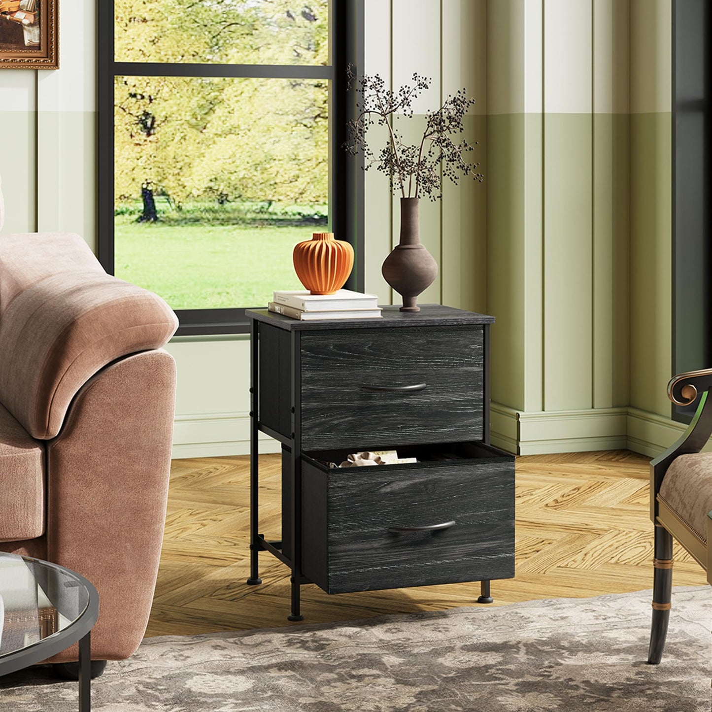 WLIVE Night Stand Set 2, Nightstand with 2 Fabric Drawers, Small Dresser for Bedroom, Bedside Table for Small Spaces, Dorm, Charcoal Black Wood Grain Print