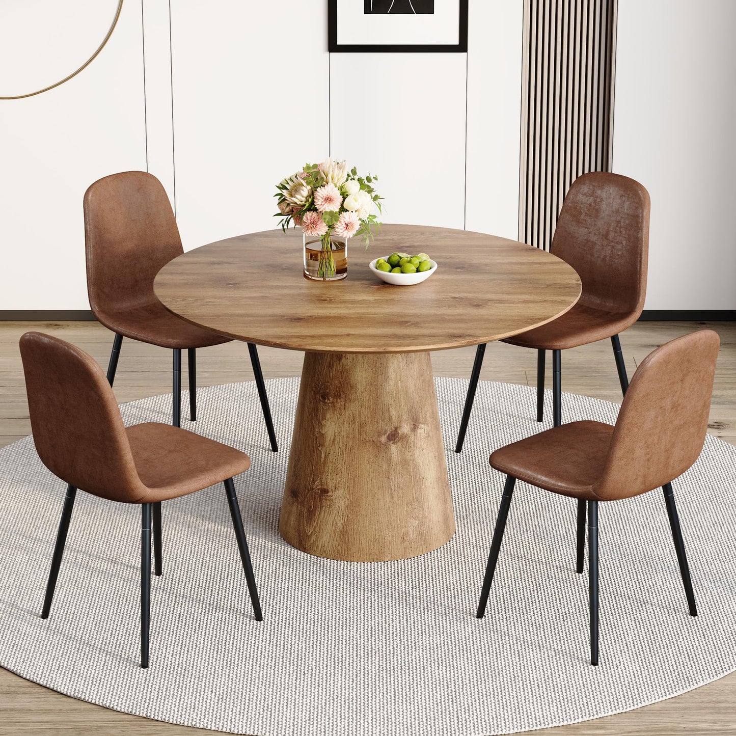 Vohuai Round Dining Table Set for 4,45'' Farmhouse Dining Room Table Set for 4 with Suede Chairs,1" Thick Wood Pattern Tabletop with Conical Base,Round Kitchen Table Set for Dining Room,Apartment