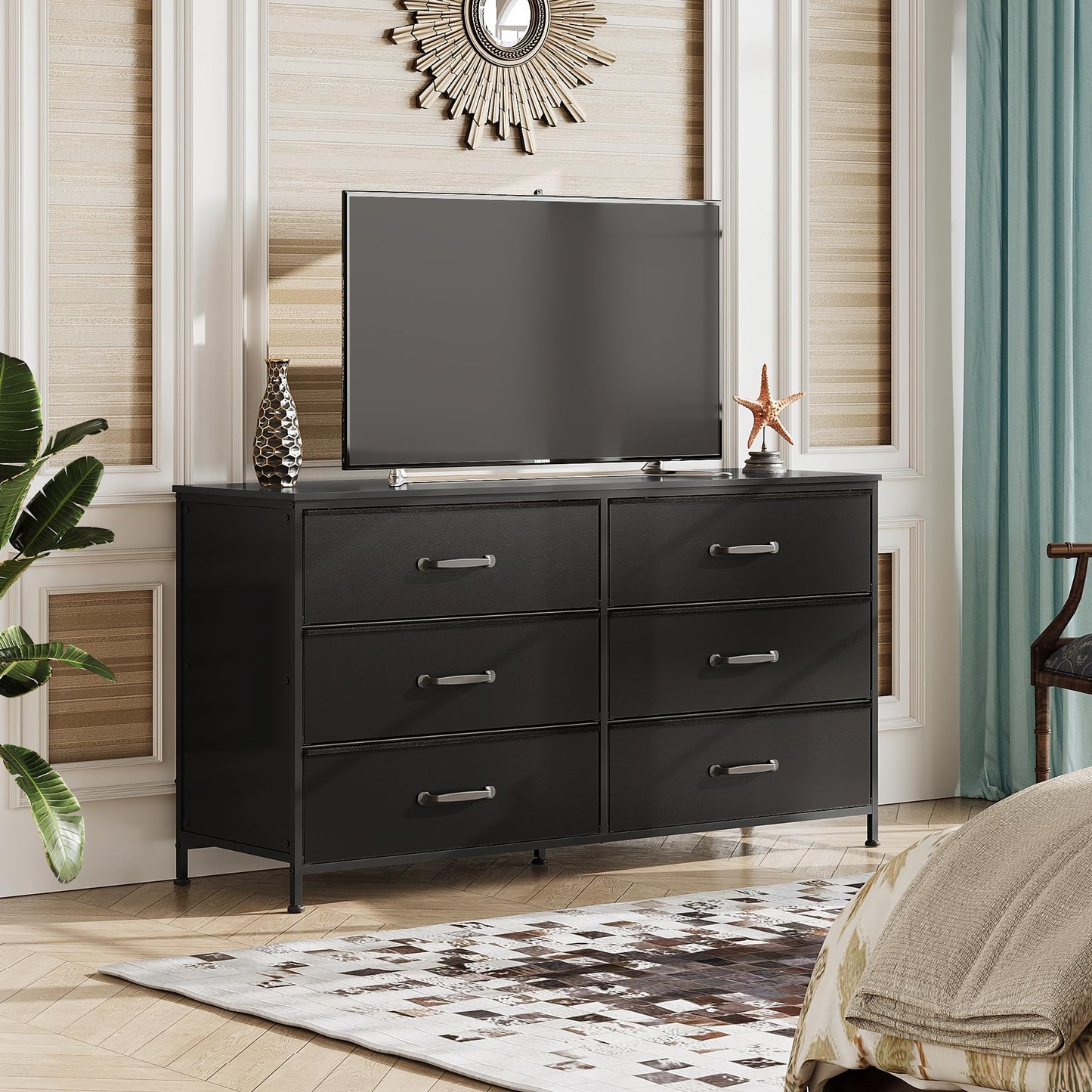 WLIVE 6 Drawer Dresser for Bedroom Large, Fabric Black Dresser TV Stand for 50, 55, 60 inch TV, Wide Long Chest of Drawers with Deep Drawer for Closet, Bedroom, Living Room, Hallway