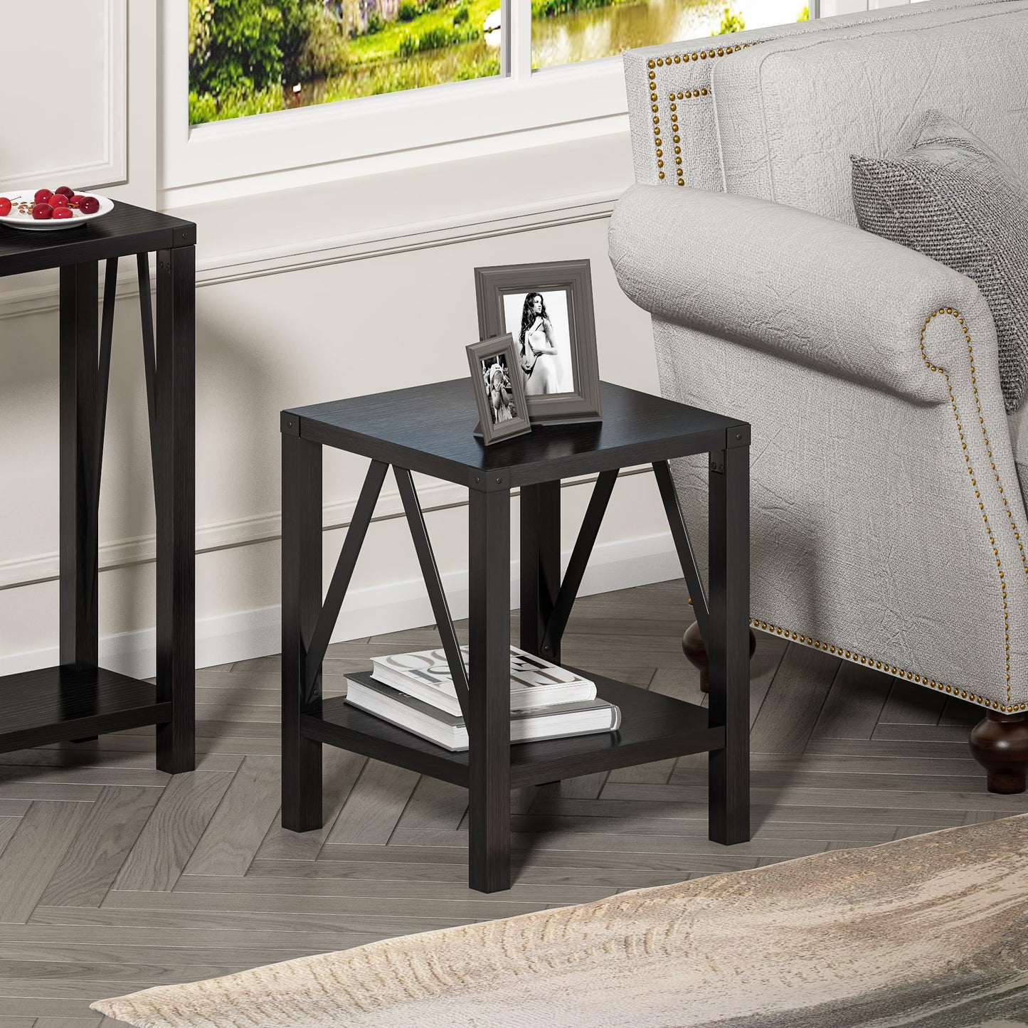 Treocho Farmhouse End Table Set of 2, Rustic Vintage Nightstand Side Table with Shelf for Living Room, Black