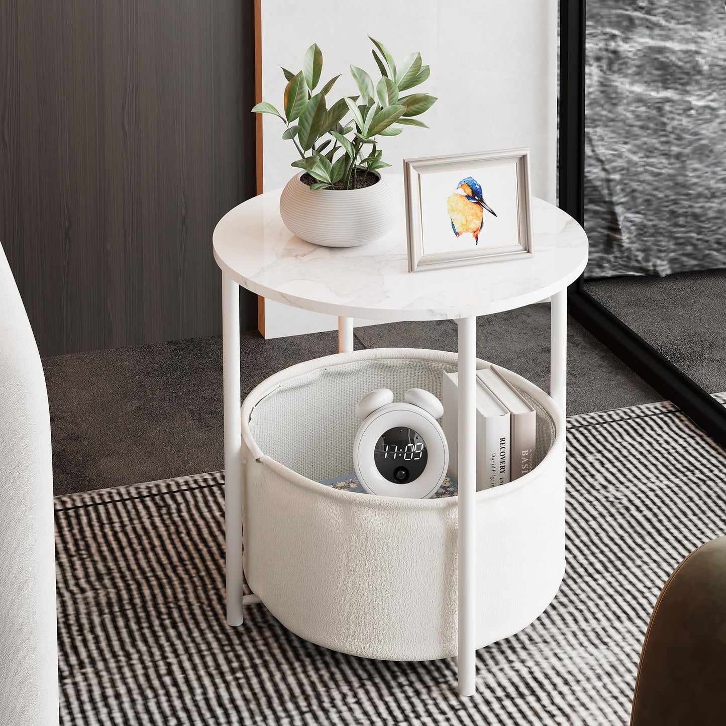 VERFARM Coffee Table with Storage, Round Center Table for Living Room, Bedroom with Fabric Basket, Modern End Table, Metal Side Table, Bedside Nightstand for Small Spaces, White