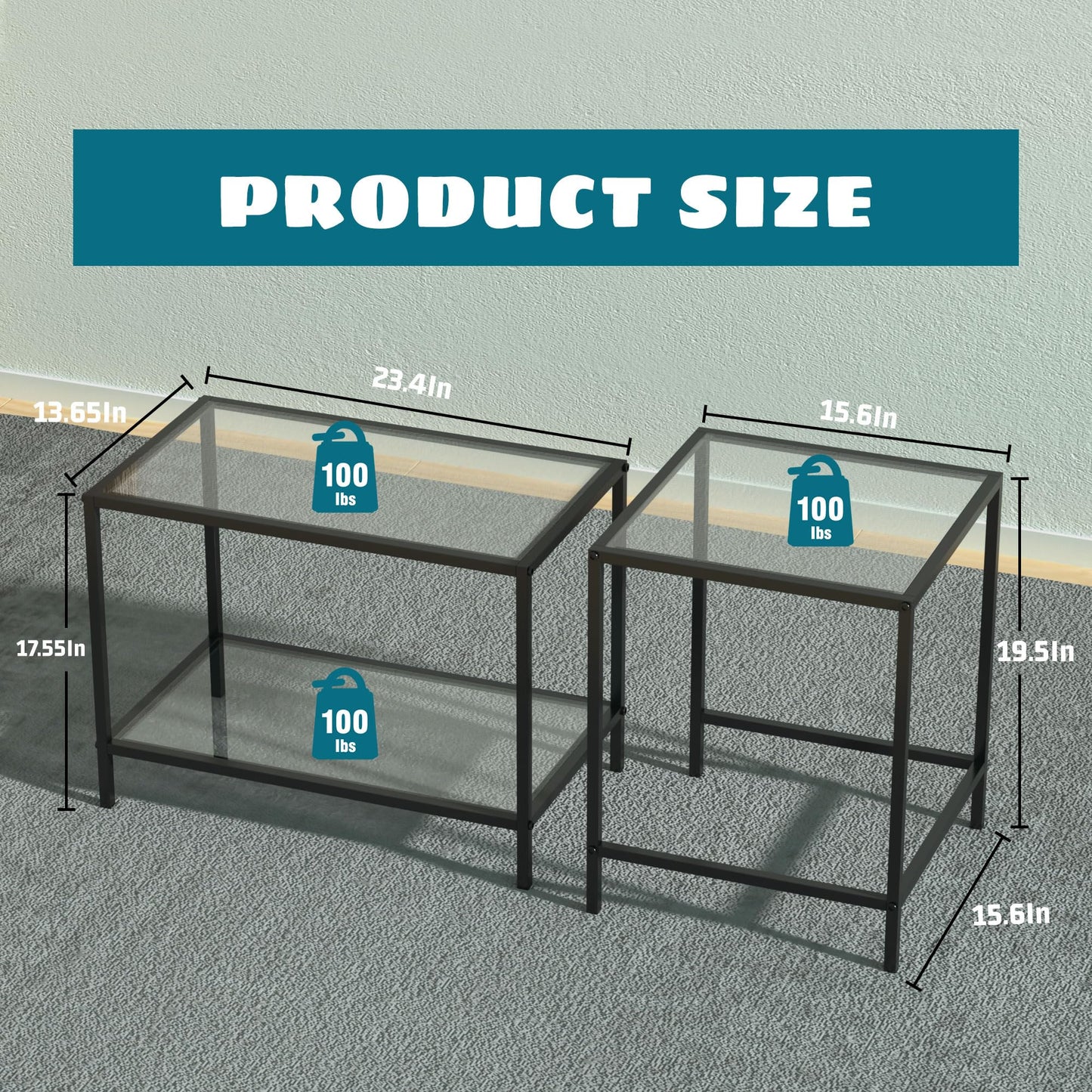 Nesting Coffee Table,Small Glass Coffee Table Set of 2,Black Modern Square Sofa Side Tea Table for Living Room,Bedroom and Small Spaces,2 Tier Tempered Glass with Sturdy Metal Frame, Easy Assembly
