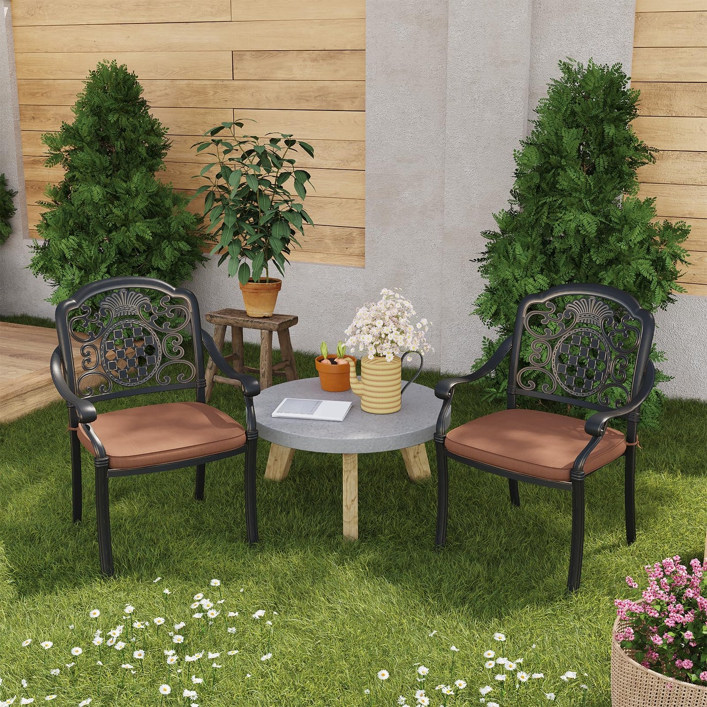 2 Piece Patio Dining Chairs with Cushions, Outdoor All-Weather Cast Aluminum Chairs, Patio Bistro Dining Chair Set of 2 for Garden Deck Backyard, Dark Bronze