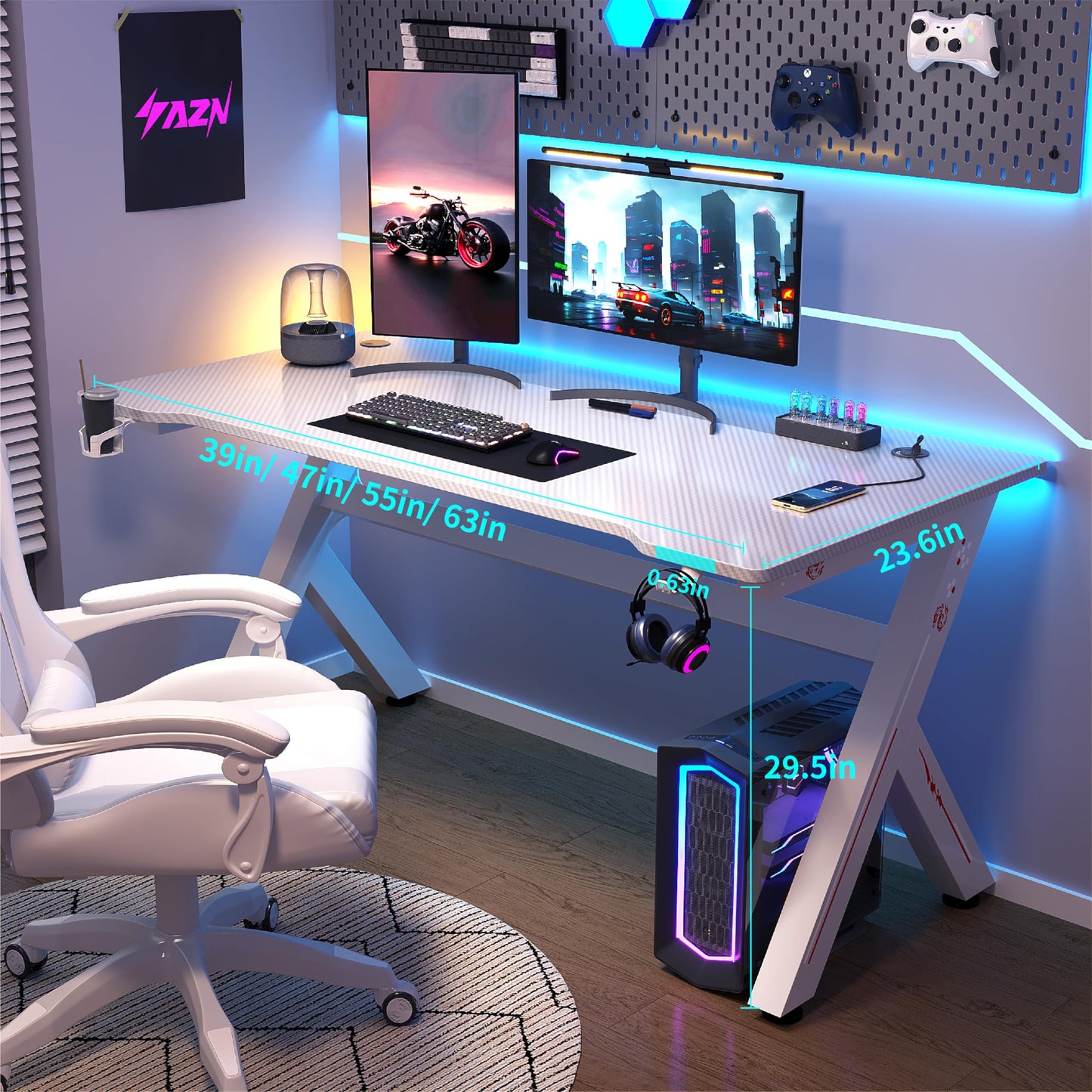 AZN Gaming Desk with 2 USB Charging Ports, Small Desk Gaming Table for Home Office, Computer Desk with Headphone Holder, Cup Holder, Cable Management Box (White, 55 Inch)